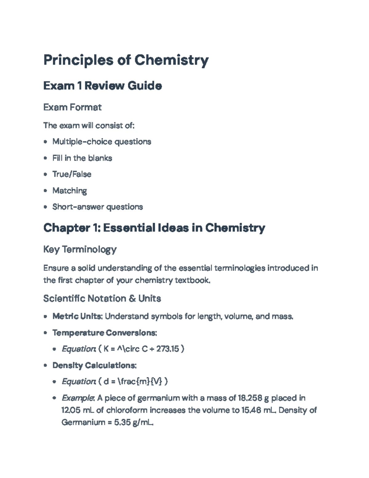 Exam 1 Instructions & Data Sheet for Chemistry 101 - Studocu
