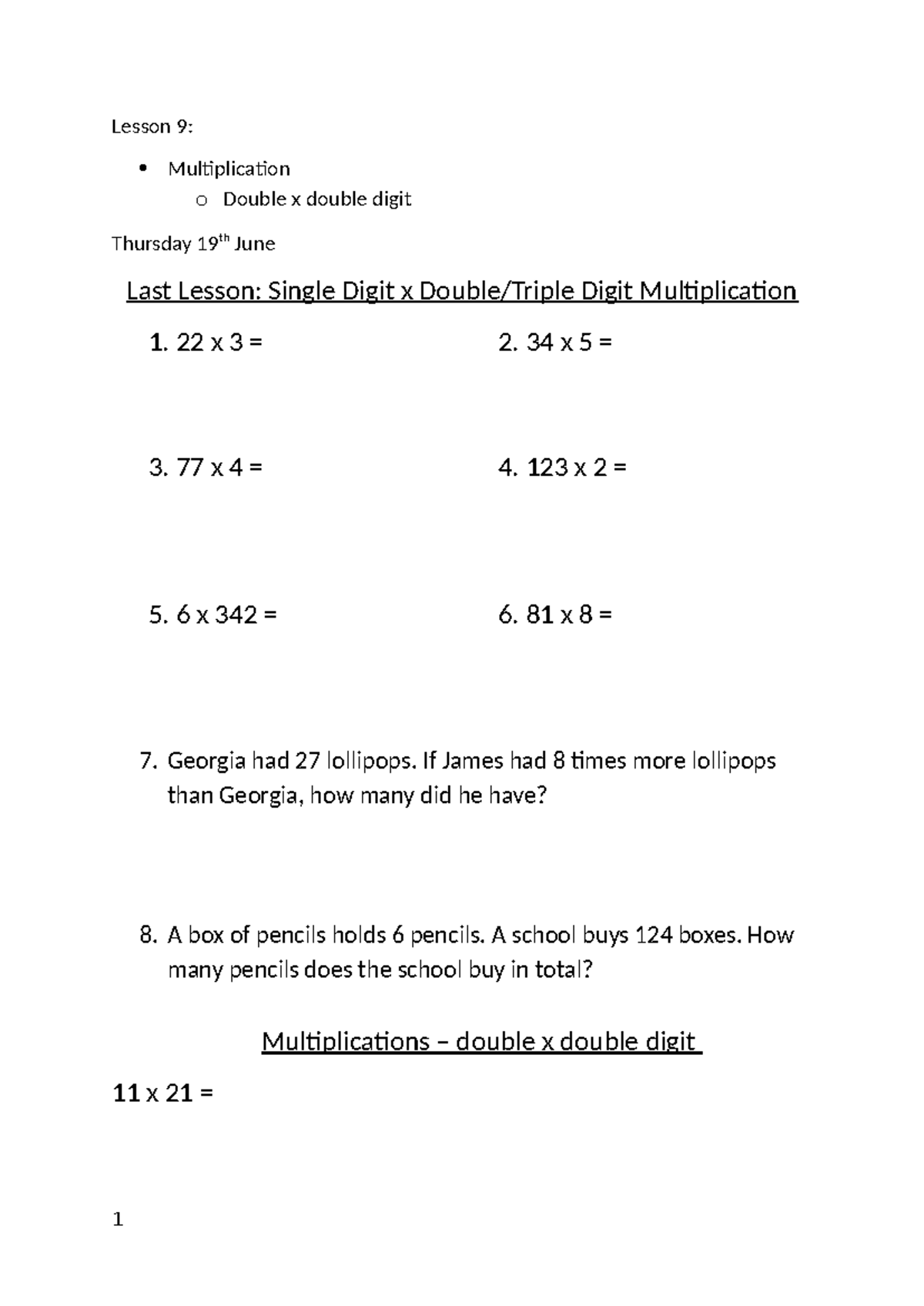 Lesson 9: Double Digit Multiplication Exercises and Challenges - Studocu