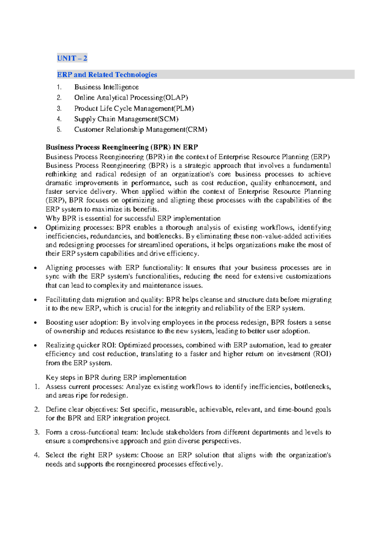 UNIT 2 ERP: Business Process Reengineering & Related Technologies - Studocu
