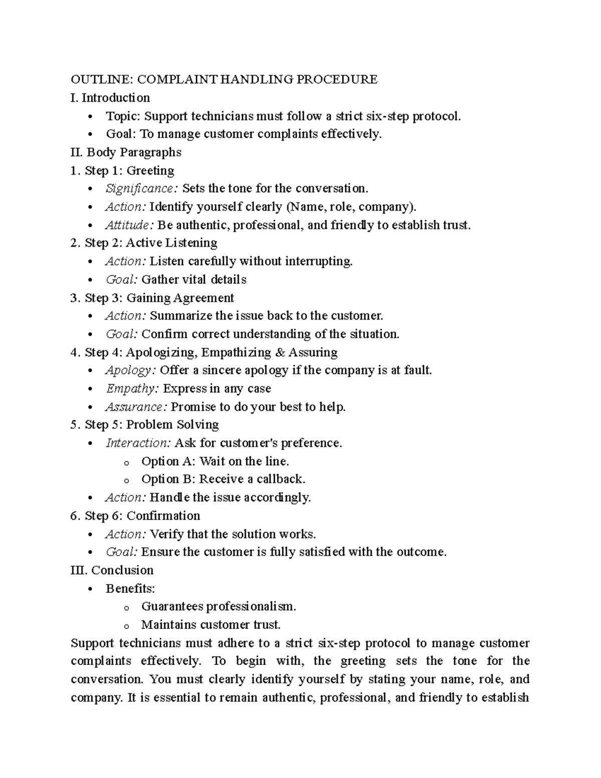 U5 - Complaint Handling Procedure Outline for Support Technicians - Studocu