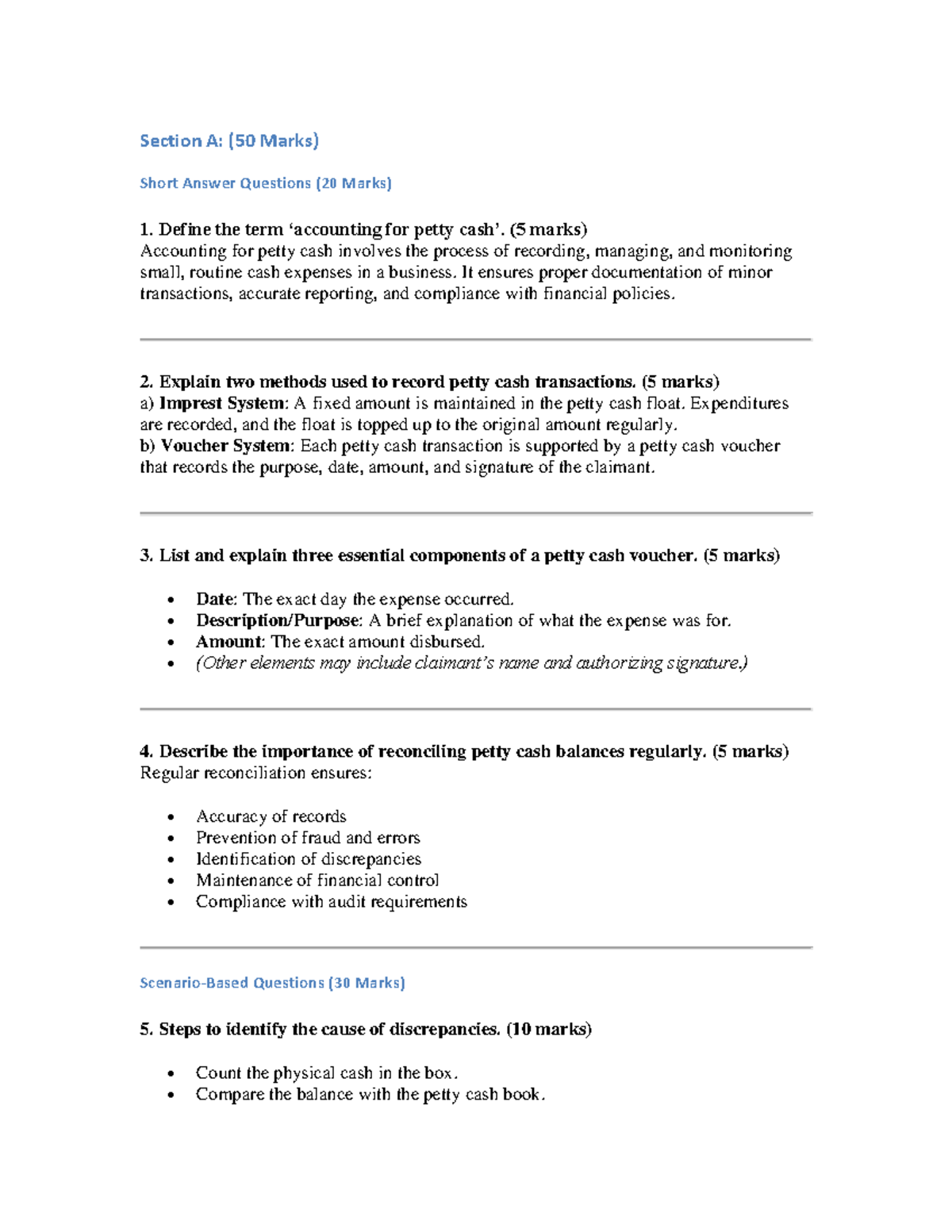 Manage Petty Cash CAT2 - Short Answer Questions & Summary - Studocu
