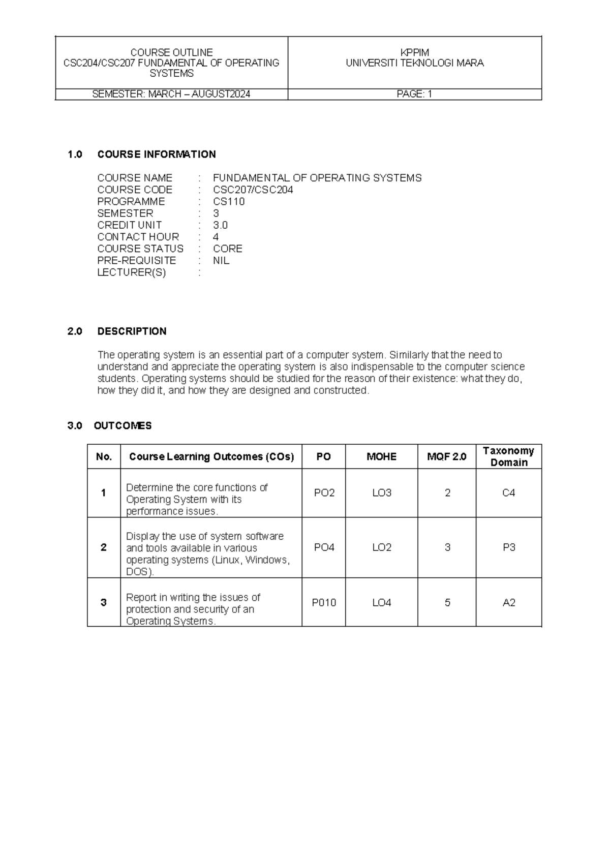 CSC207 Fundamental of Operating Systems - SOW for August 2024 - Document Preview