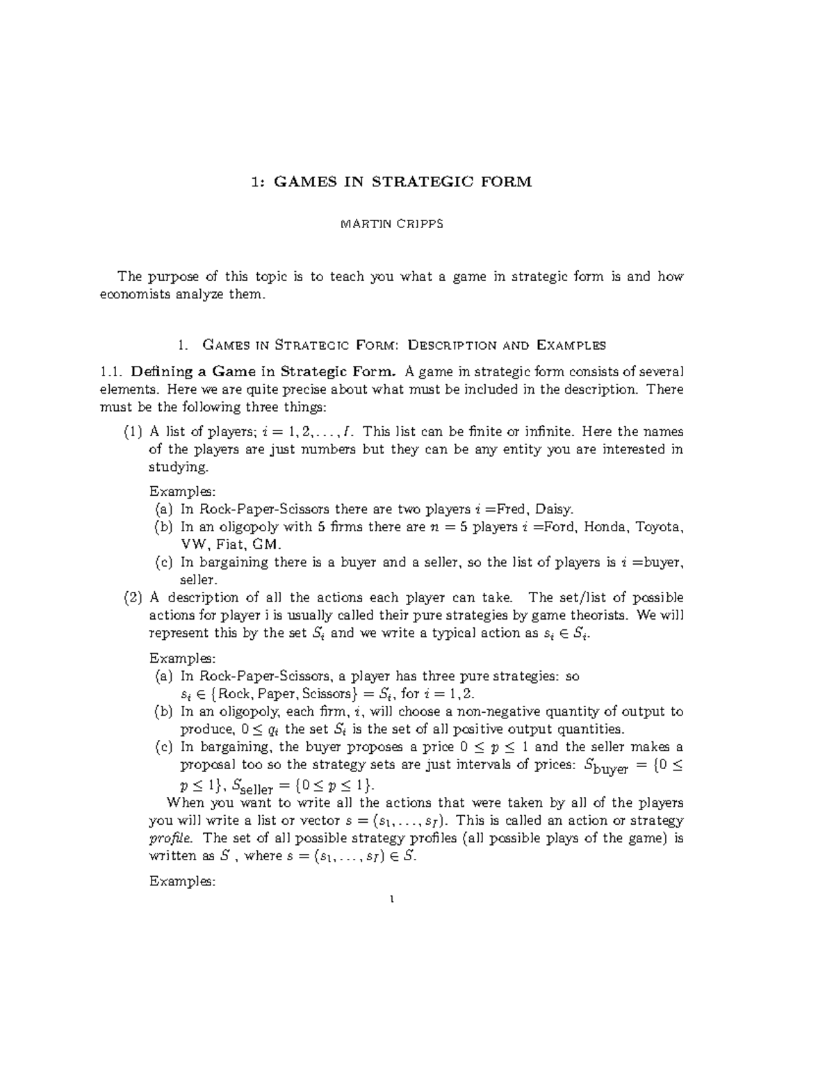 Topic 1: Strategic Form Games Overview and Analysis - Studocu