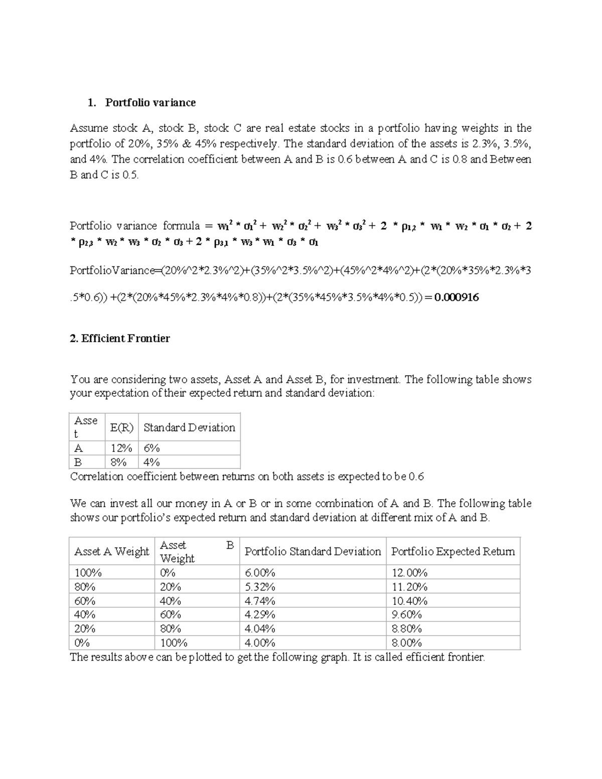 Portfolio Variance & Efficient Frontier Analysis - ACC 101 - Studocu