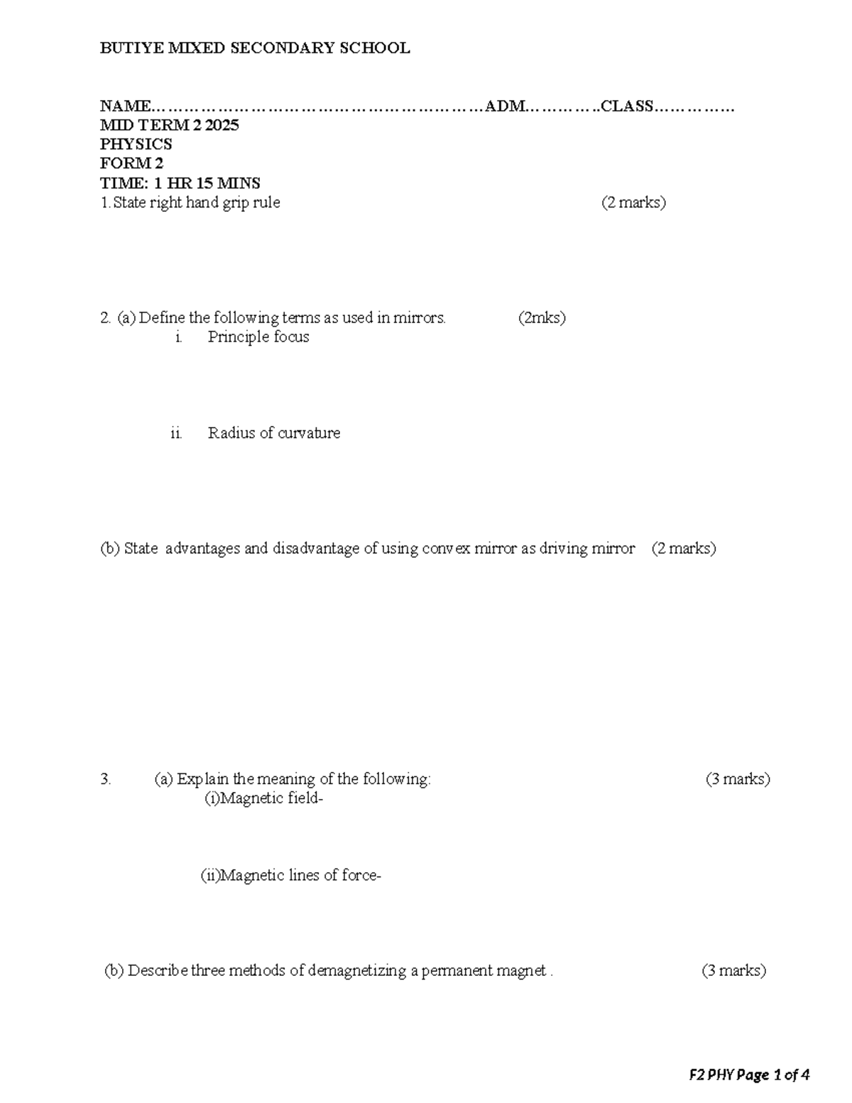 BUTIYE MIXED SECONDARY SCHOOL PHYSICS FORM 2 MID TERM 2 2025 Qs - Studocu