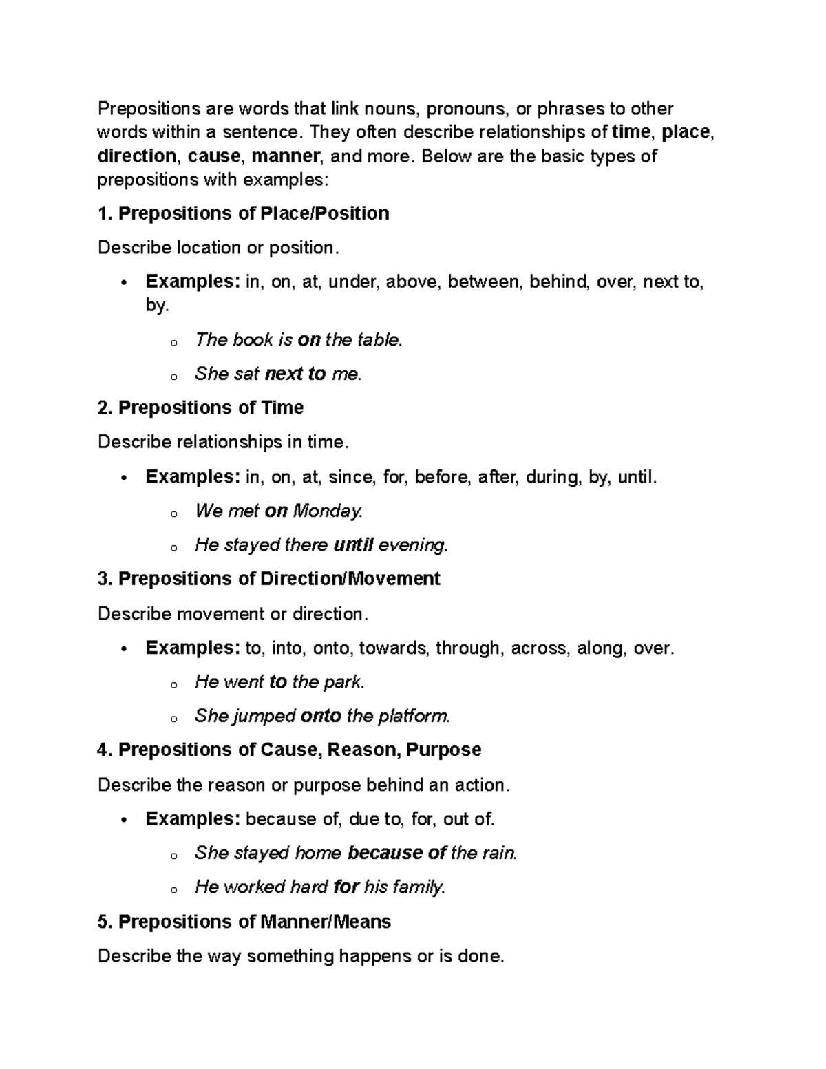 Prepositions - Notes - Prepositions are words that link nouns, pronouns ...