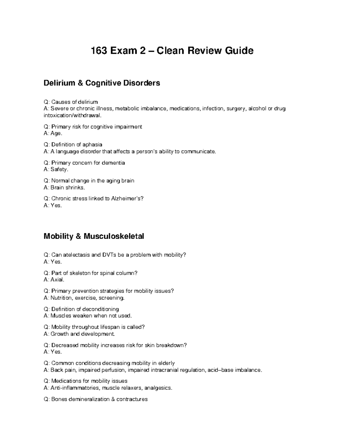 163 NUR163 Exam 2 Clean Review Guide: Delirium, Mobility & Stress - Studocu