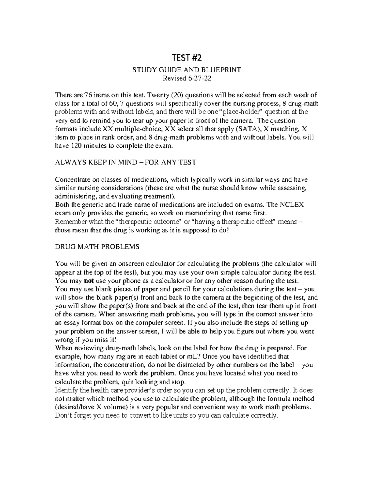 Study Guide for Nursing Exam #2: Key Topics & Tips - Studocu