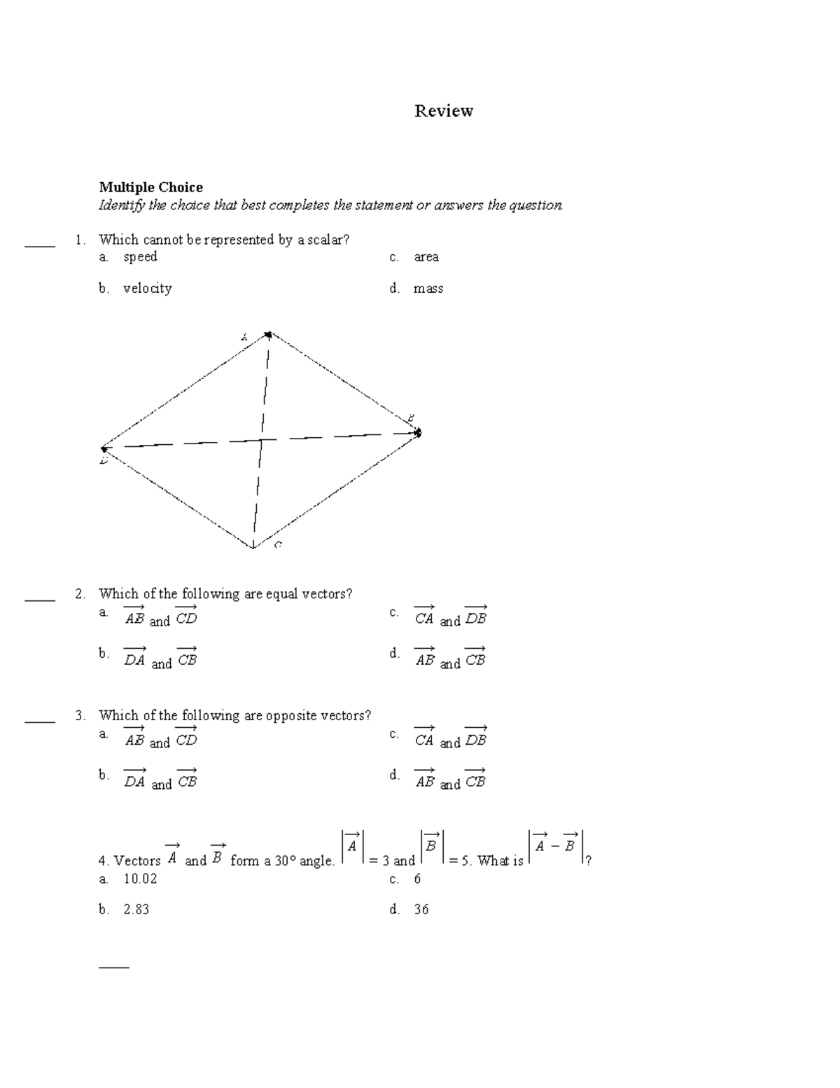 Vectors Review - Practice Exam Questions and Answers - Studocu