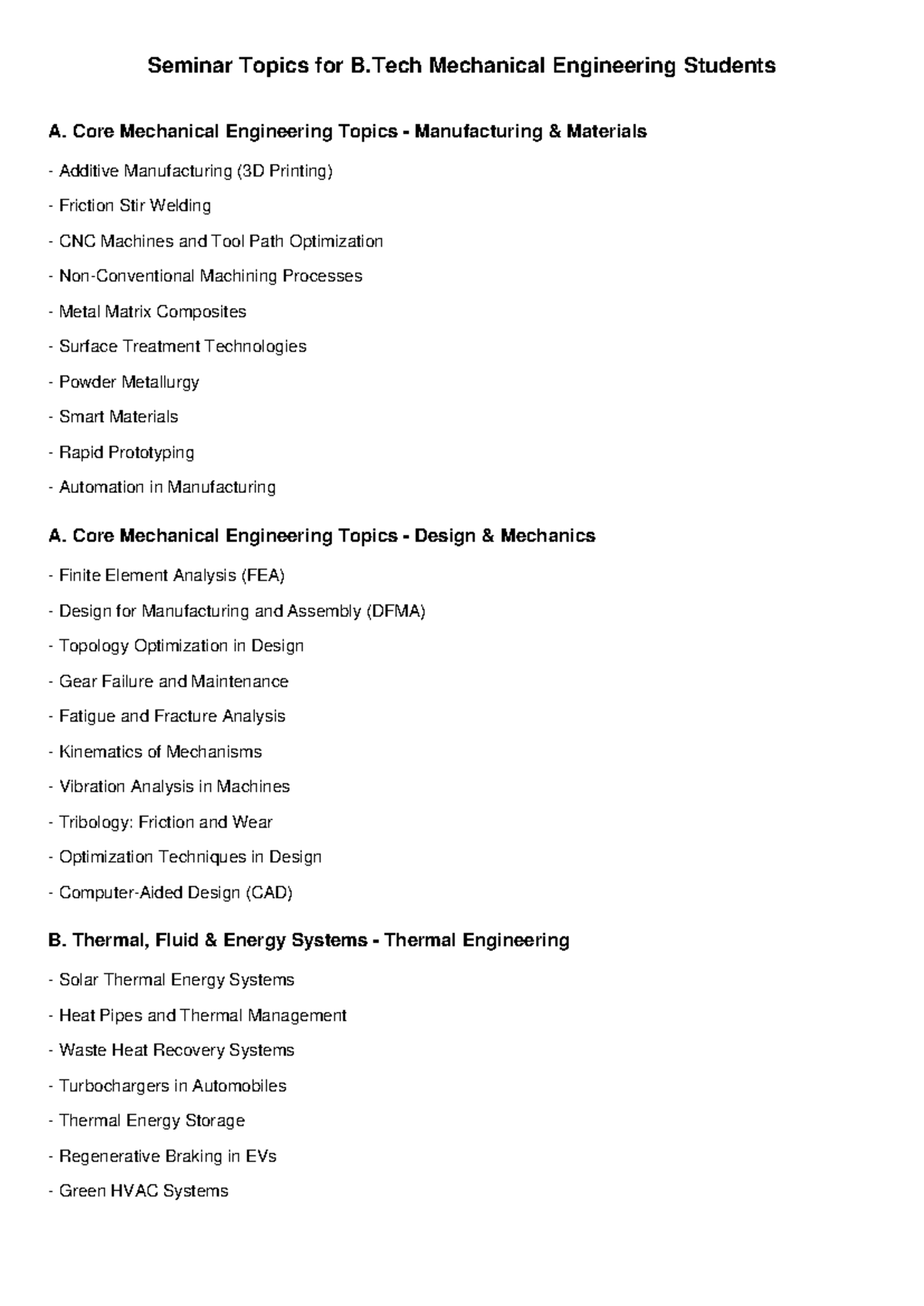 Seminar Topics for B.Tech Mechanical Engineering Students - Studocu
