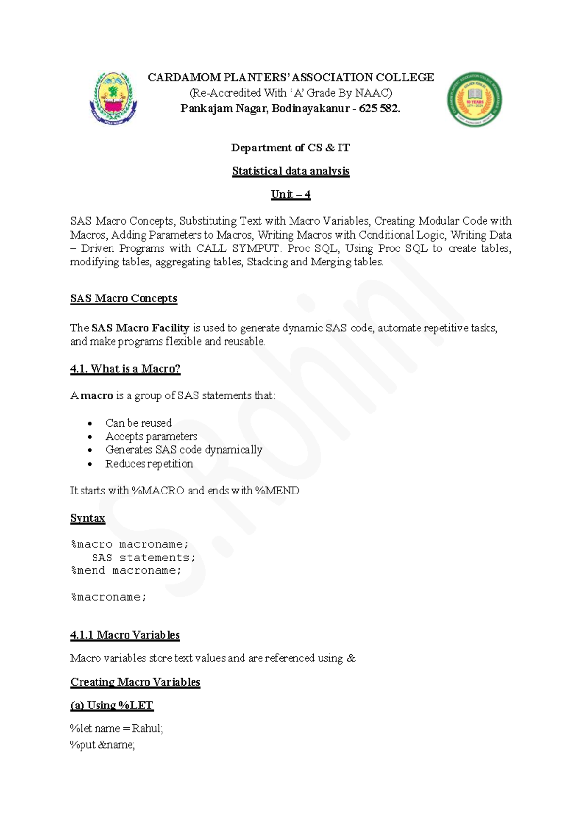 Unit 4: Statistical Data Analysis - SAS Macro Concepts - Studocu