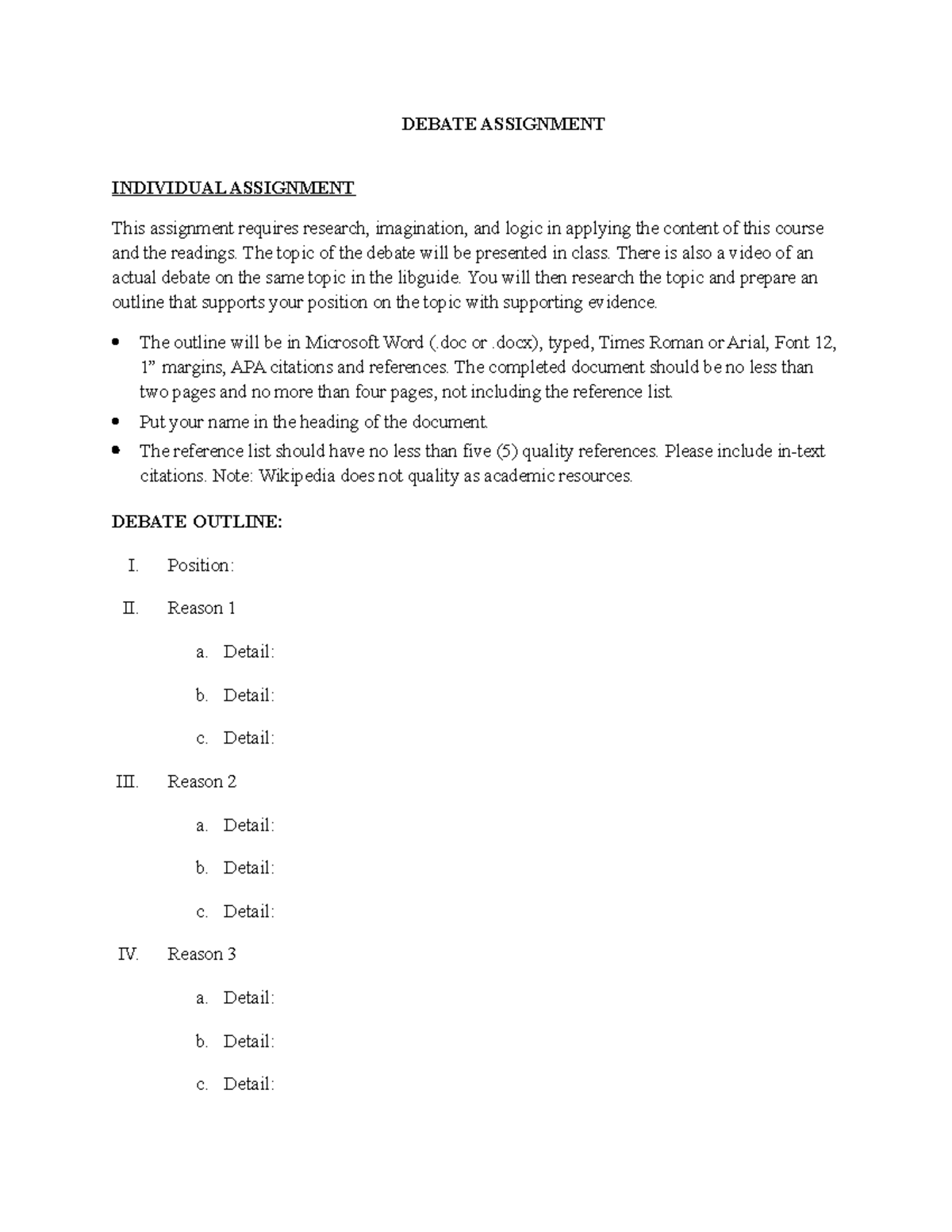 Debate Assignment Guidelines (9) - Individual & Group Components - Studocu
