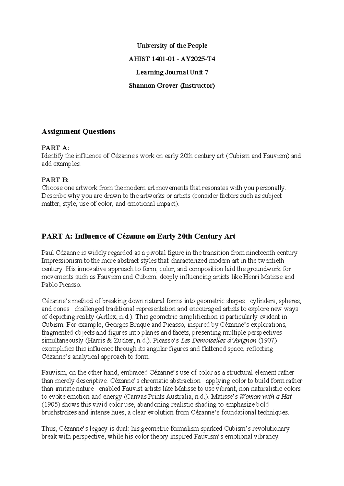 AHIST Unit 7 Learning Journal: Influence of Work on 20th Century Art ...