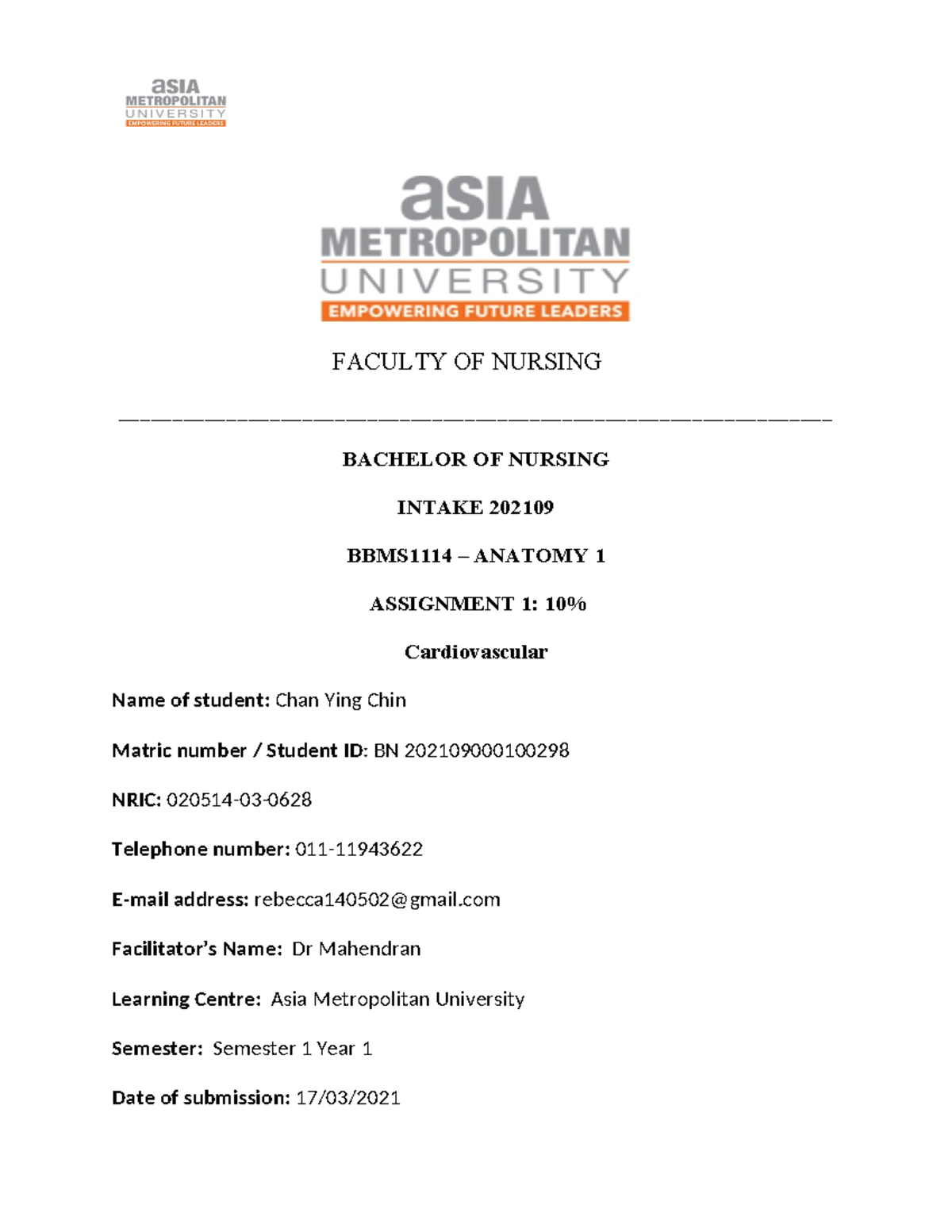 Anatomy report - FACULTY OF NURSING - Studocu
