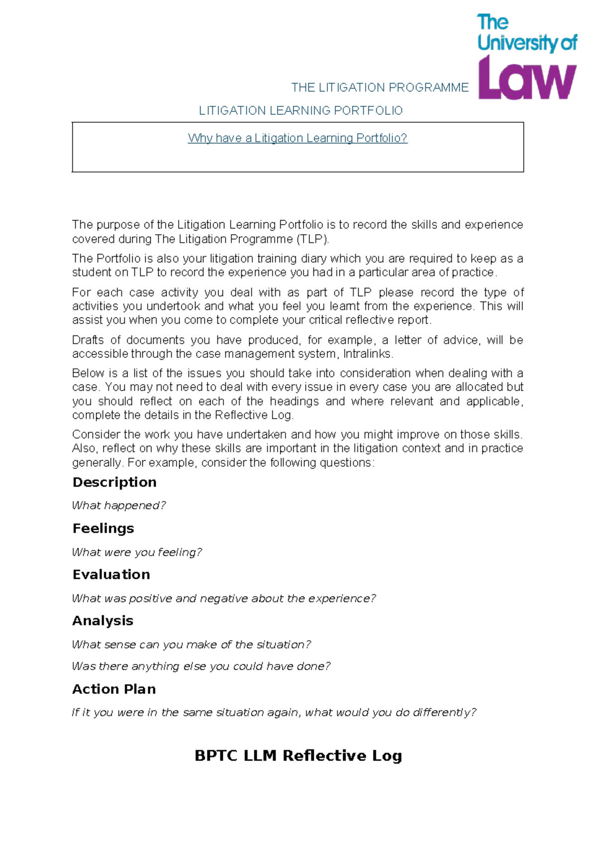 BPTC LLM: Reflective Log for Litigation Programme Activities - Studocu