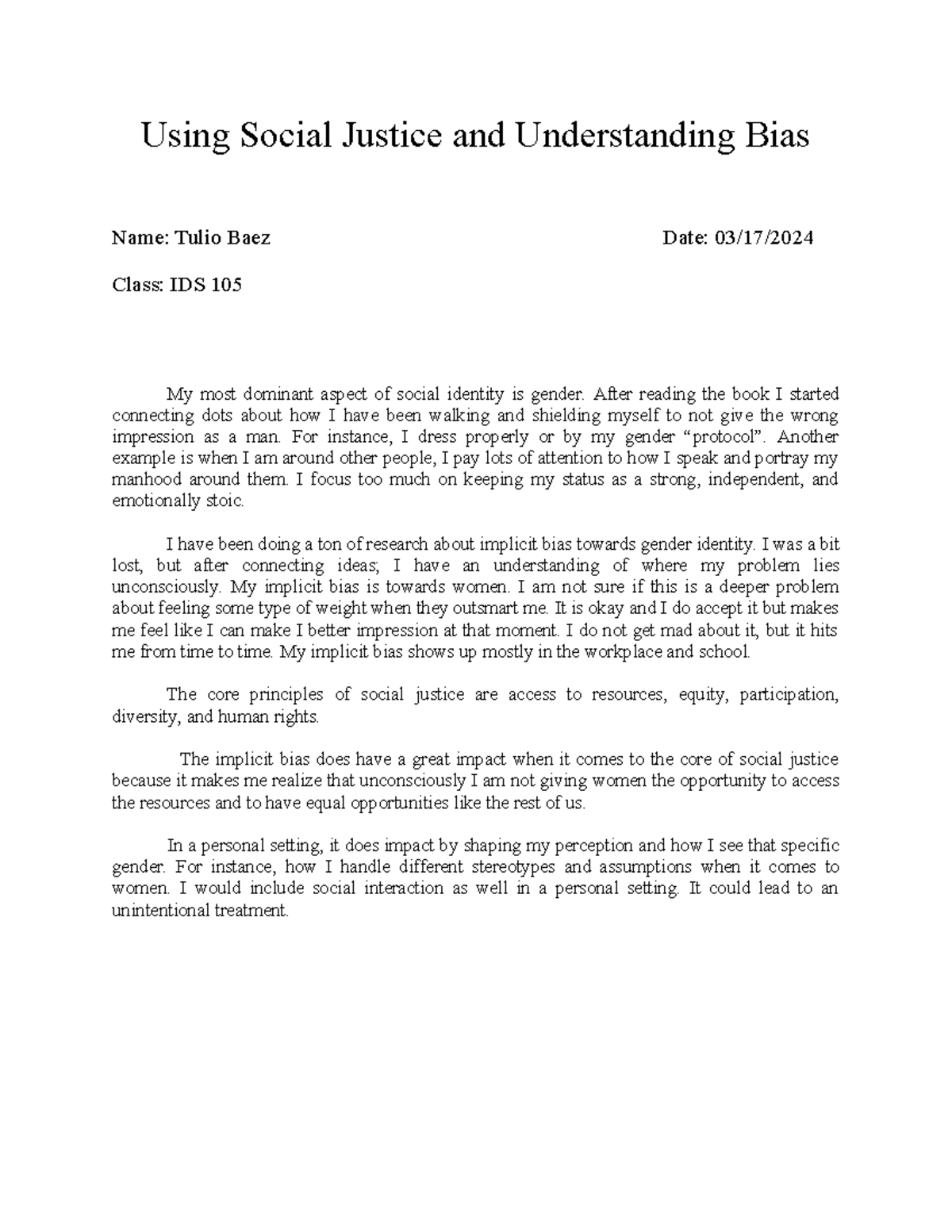 IDS 105 Final Journal: Reflections on Social Justice and Bias Awareness ...