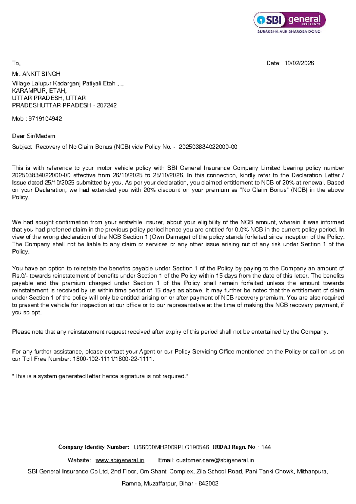Recovery Letter for No Claim Bonus (NCB) - Policy No. 202503834022000 ...