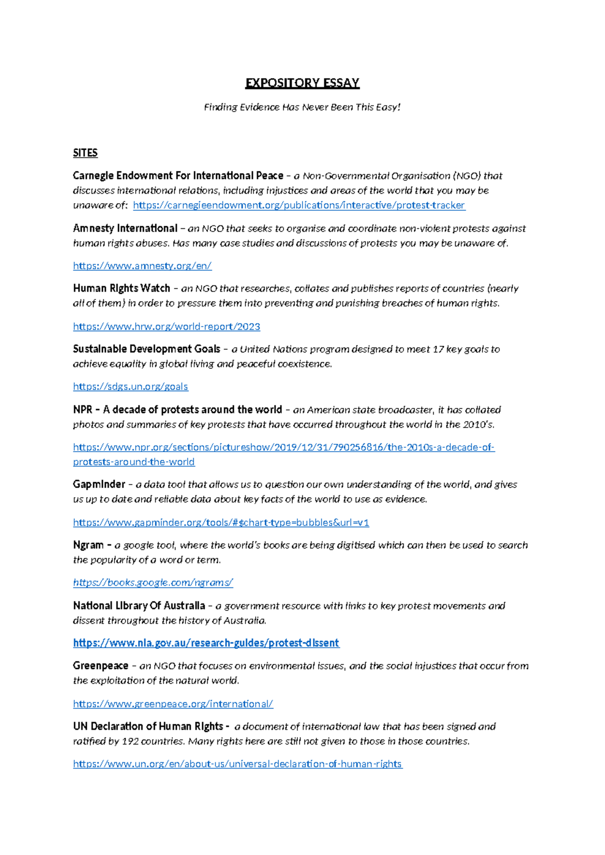 VCE Expository Essay: Evidence and Insights on Global Protests - Studocu