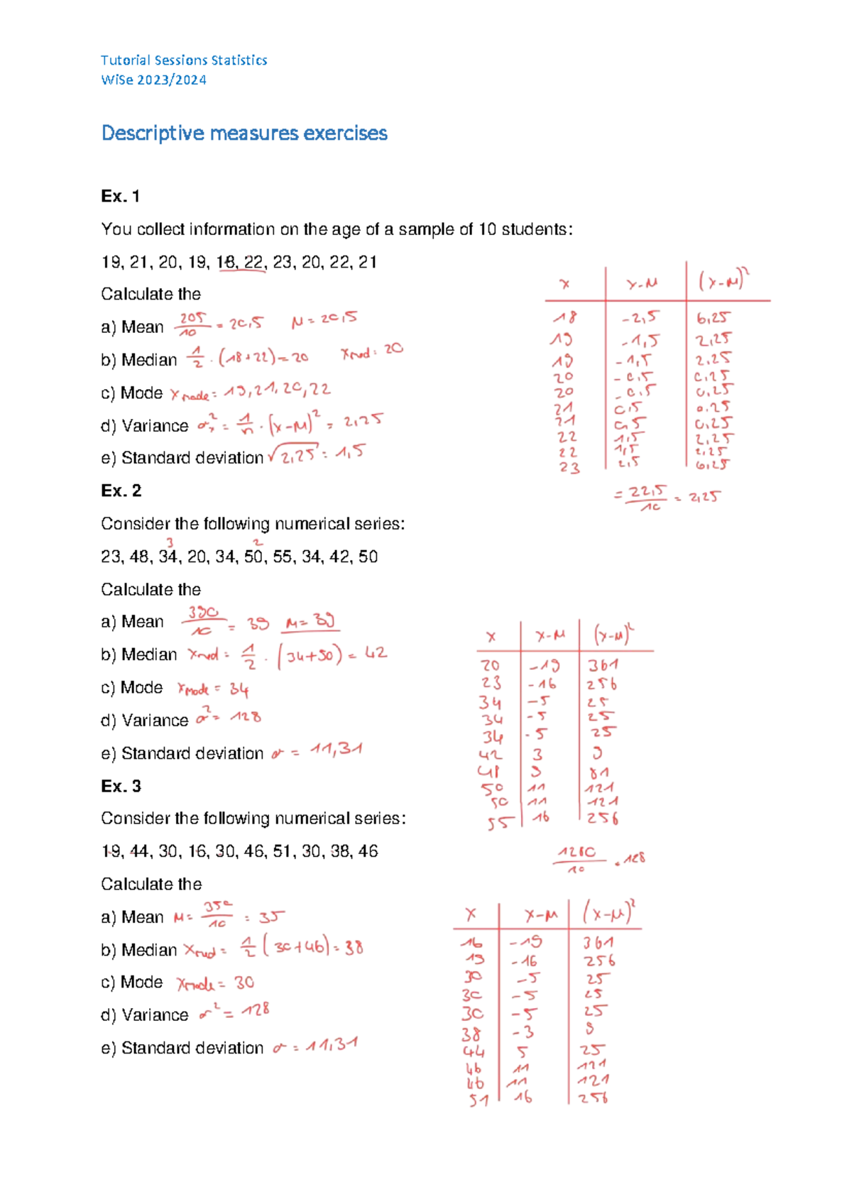 Tutorial Sessions Statistics WiSe: Descriptive Measures Exercises - Studocu