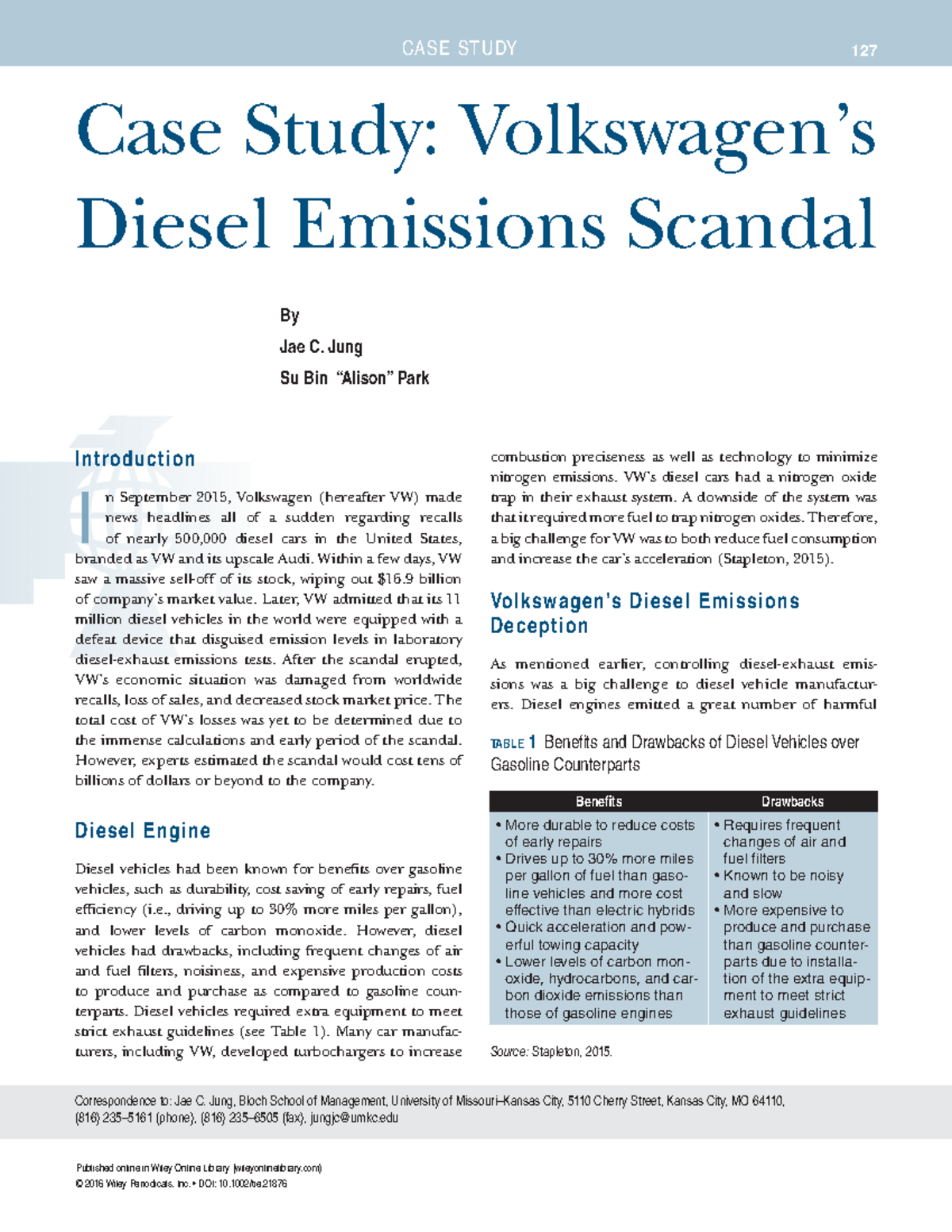 CASE STUDY 127: Volkswagen Diesel Emissions Scandal Analysis - Studocu