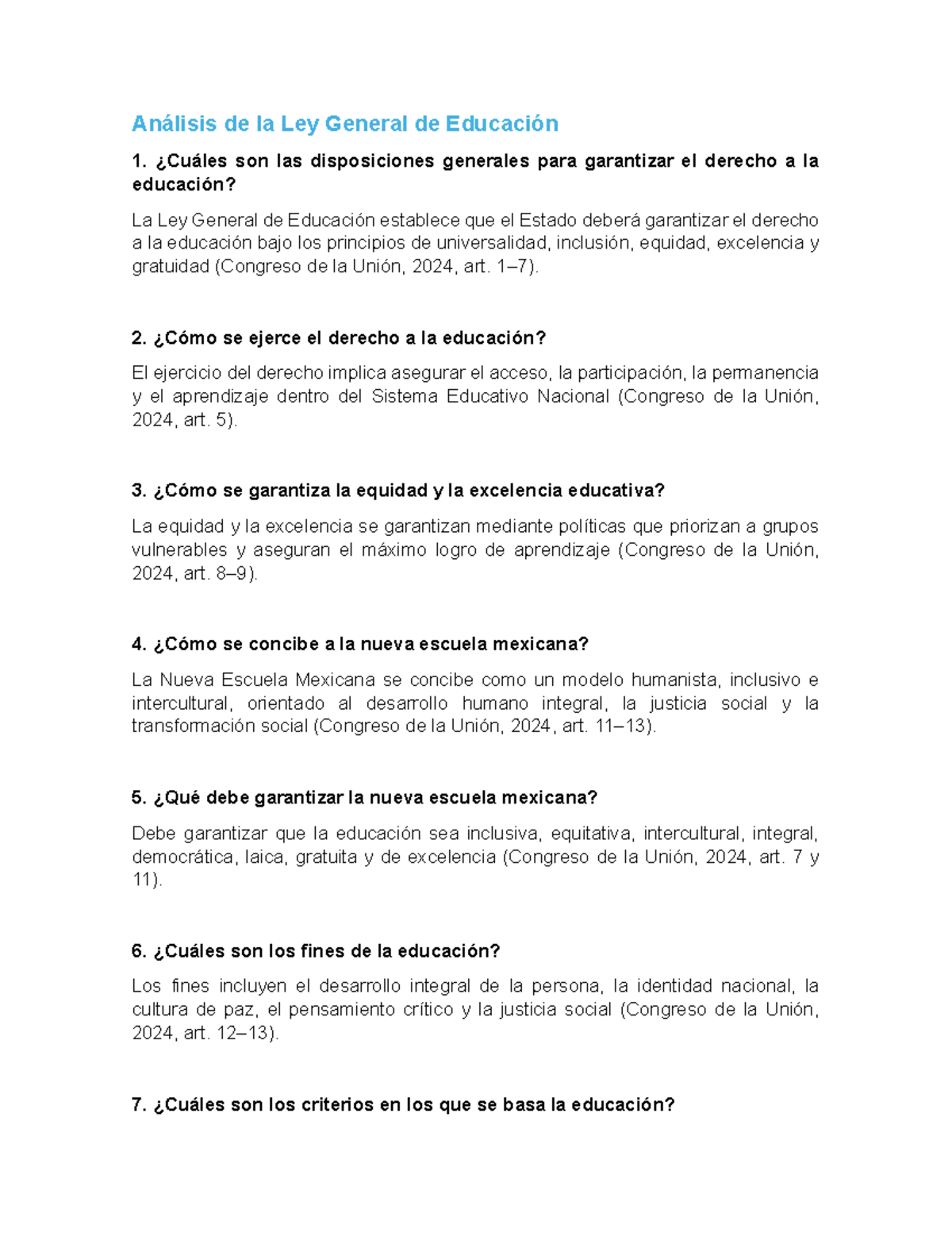 Análisis de la Ley General de Educación: Derechos y Principios - Studocu