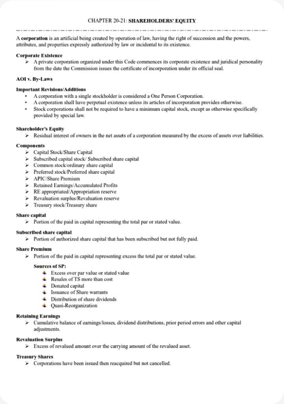 Chapter 20 -21 - Summary - CHAPTER 20-21: SHAREHOLDERS' EQUITY A ...