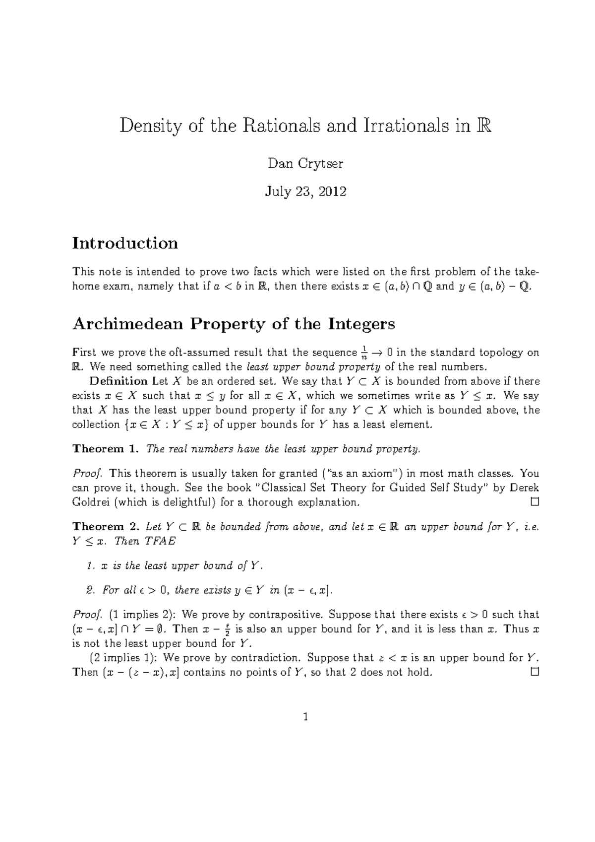 Density of Rationals and Irrationals in R - M54 Final Exam Notes - Studocu