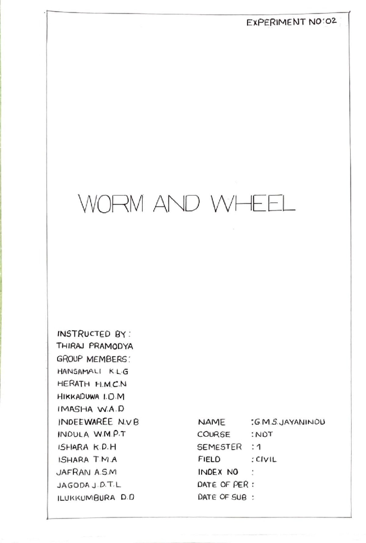 Worm and Wheel Experiment (EM 23CI0125) - Mechanics Lab Report - Studocu