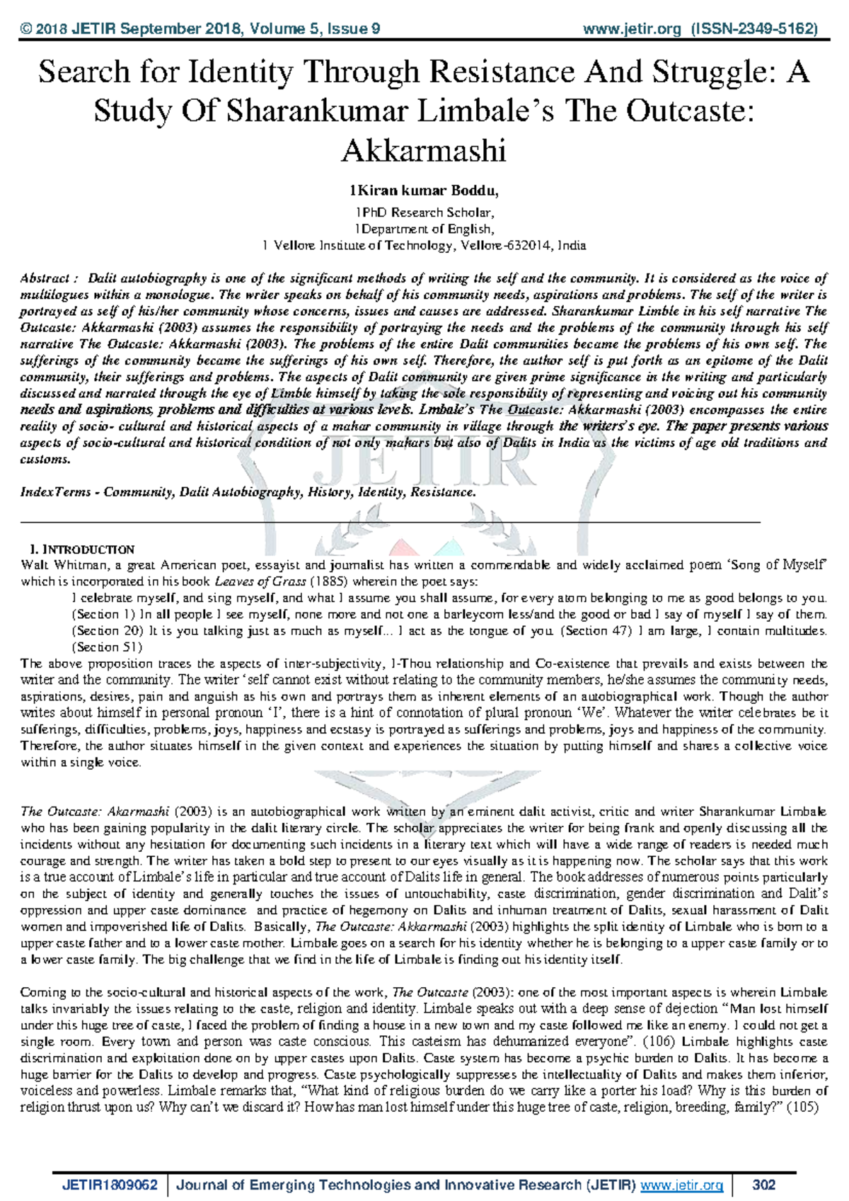 Analysis of Dalit Identity in Sharankumar Limbale's The Outcaste ...