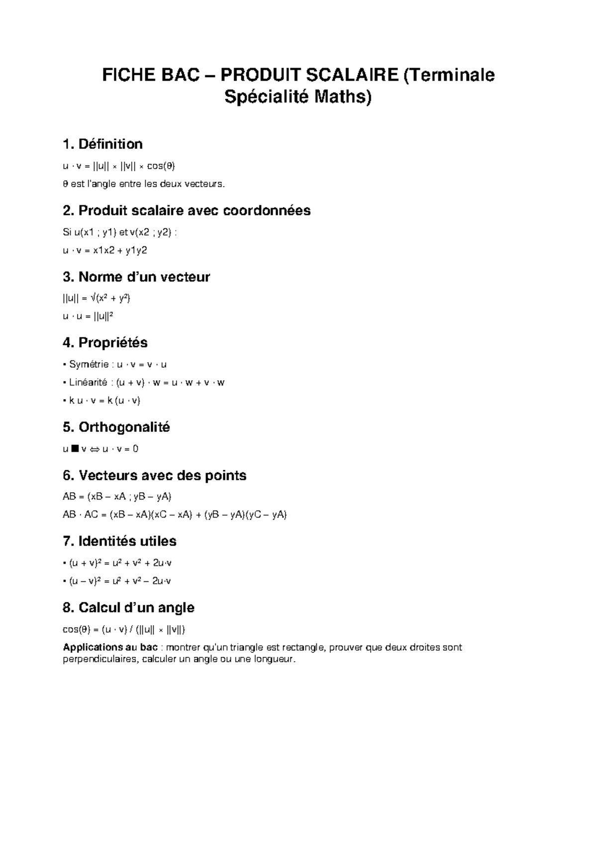 FICHE BAC PRODUIT SCALAIRE - Révision Terminale Spécialité Maths - Studocu