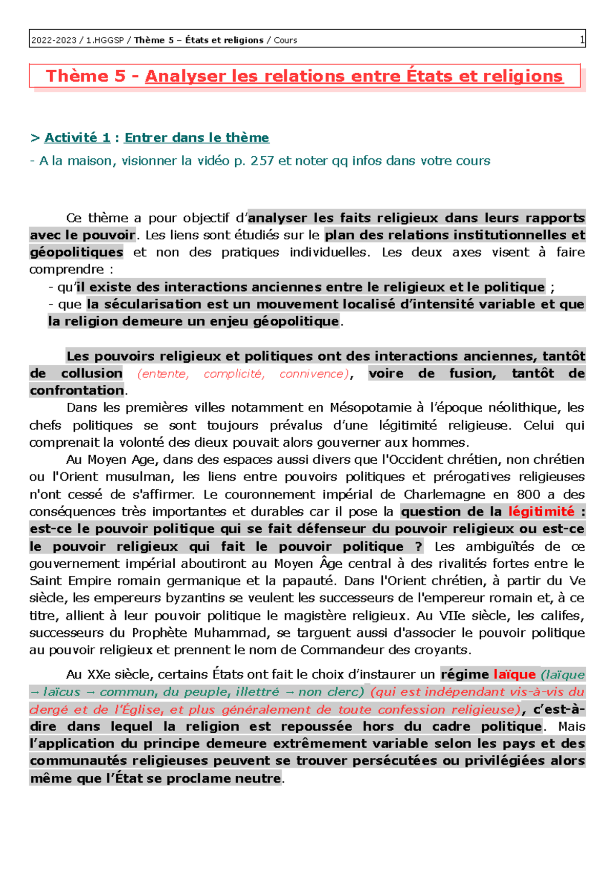 États et Religion : Analyse des Relations et de la Sécularisation - Studocu