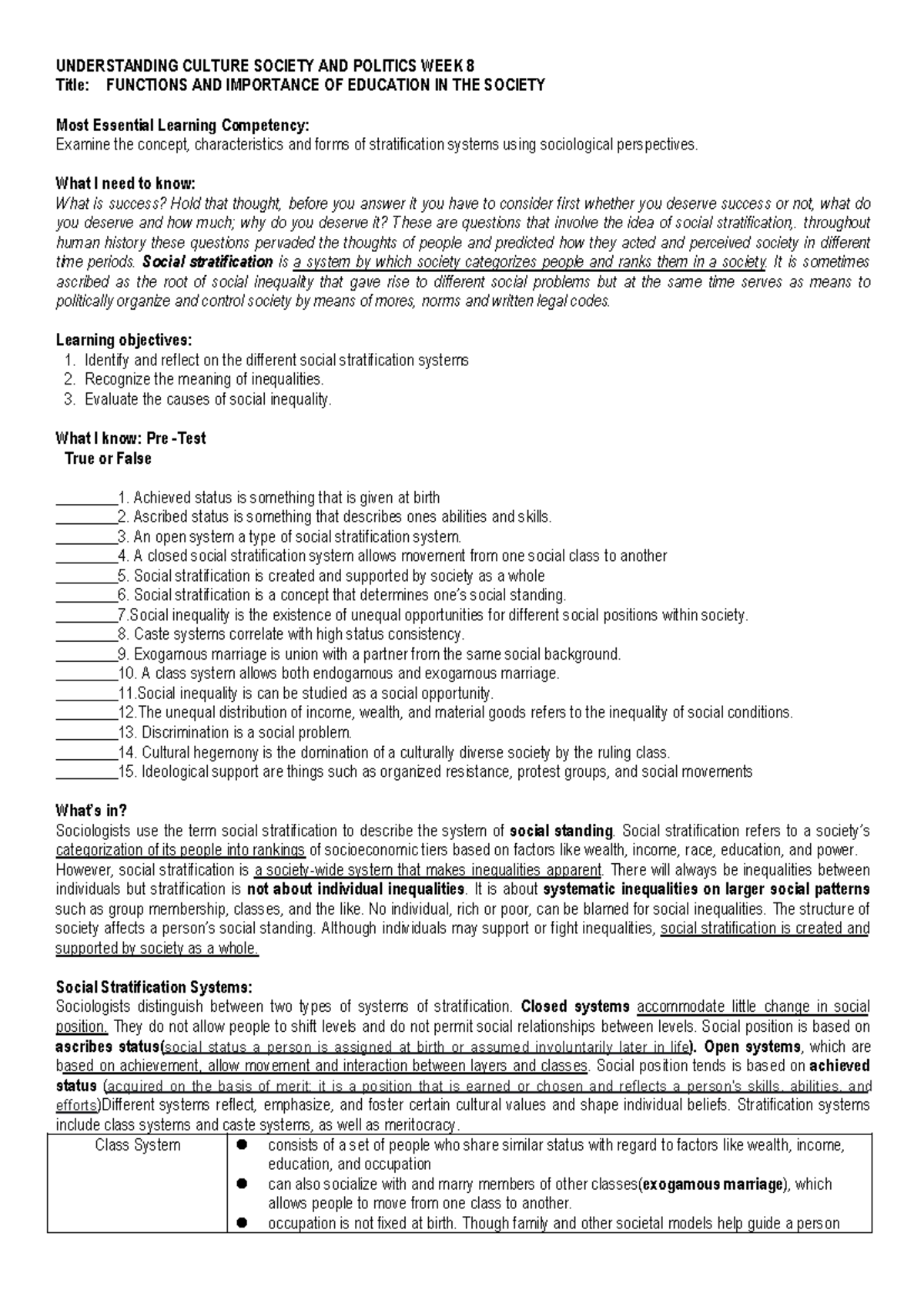 Module 9 ucsp social stratification - UNDERSTANDING CULTURE SOCIETY AND ...