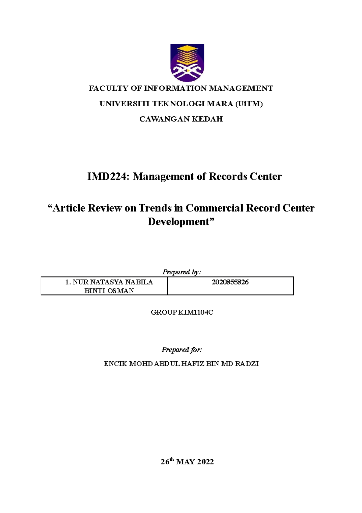 Article Review - FACULTY OF INFORMATION MANAGEMENT UNIVERSITI TEKNOLOGI ...