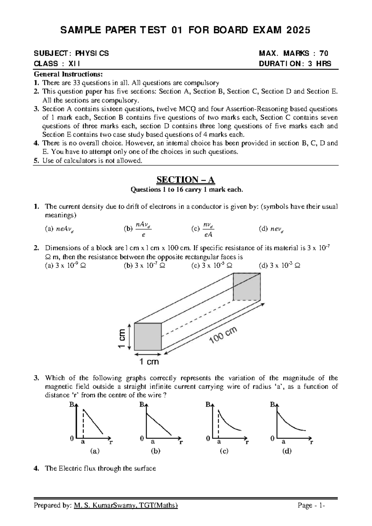 Physics class xii sample paper test 01 for board exam 2025 qp - SAMPLE ...
