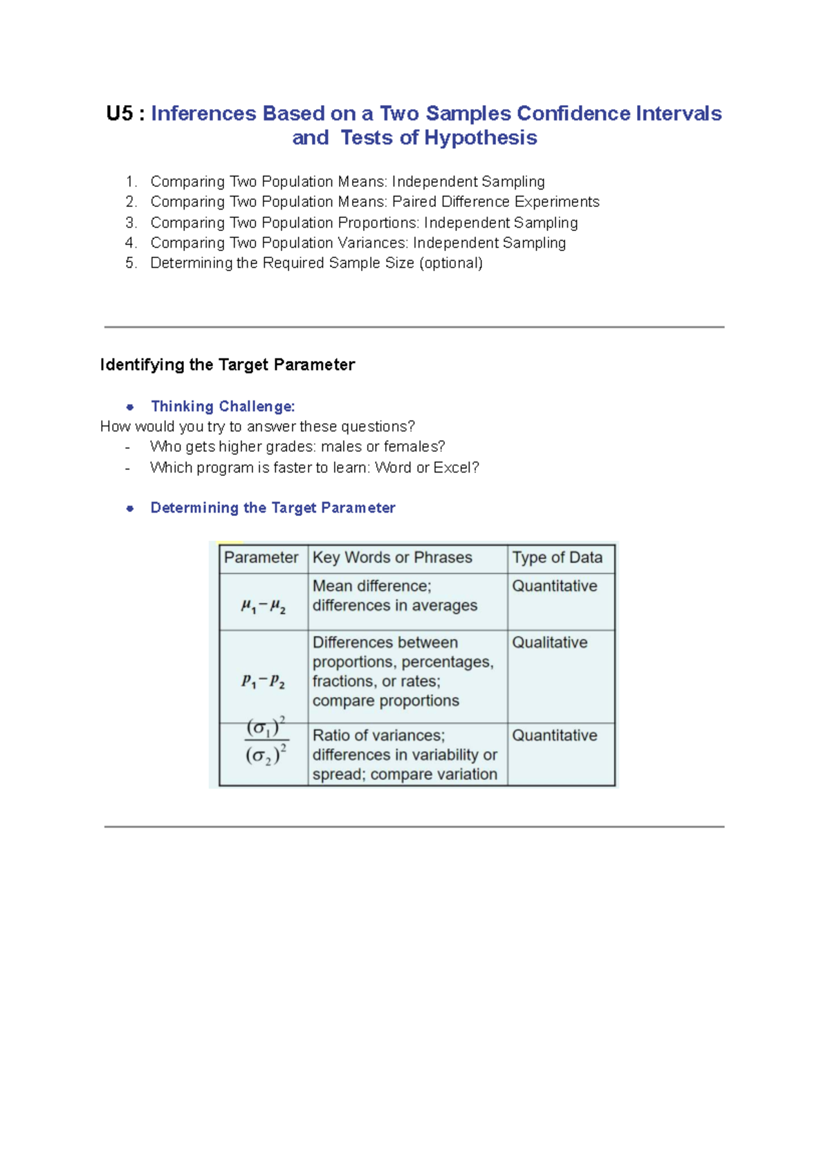 Chapter 5: Inference on Two Samples Confidence Intervals & Hypothesis ...