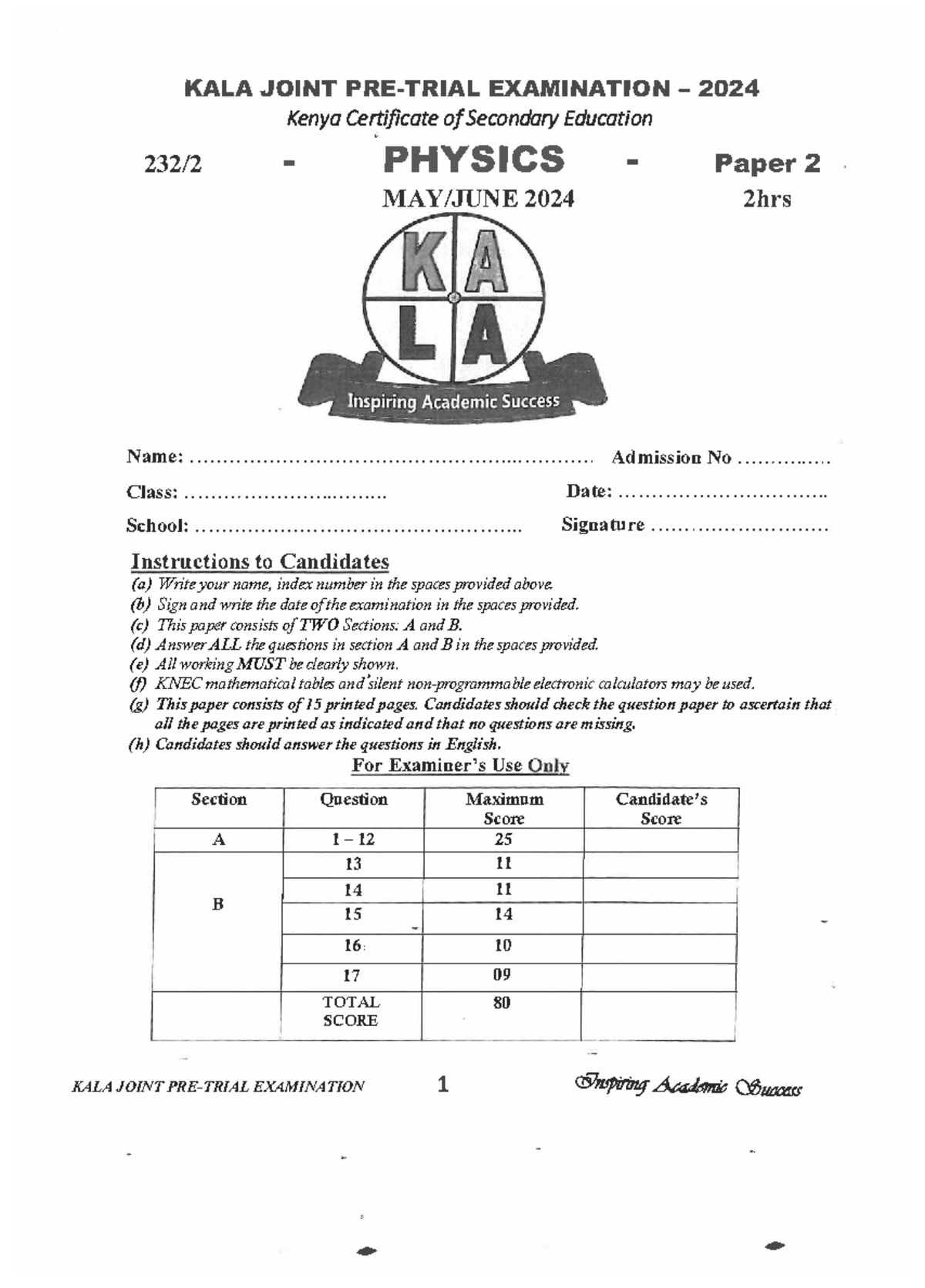 KALA JOINT EXAMINATION PHYSICS 2024 Paper 2 - Comprehensive Guide - Studocu