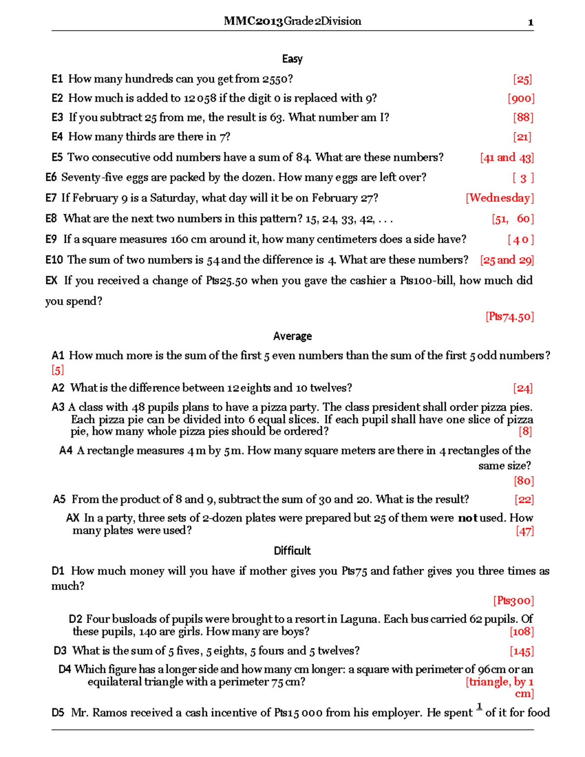 MMC2013 Grade 2 Division 1 - MTAP Math Problems and Solutions - Studocu