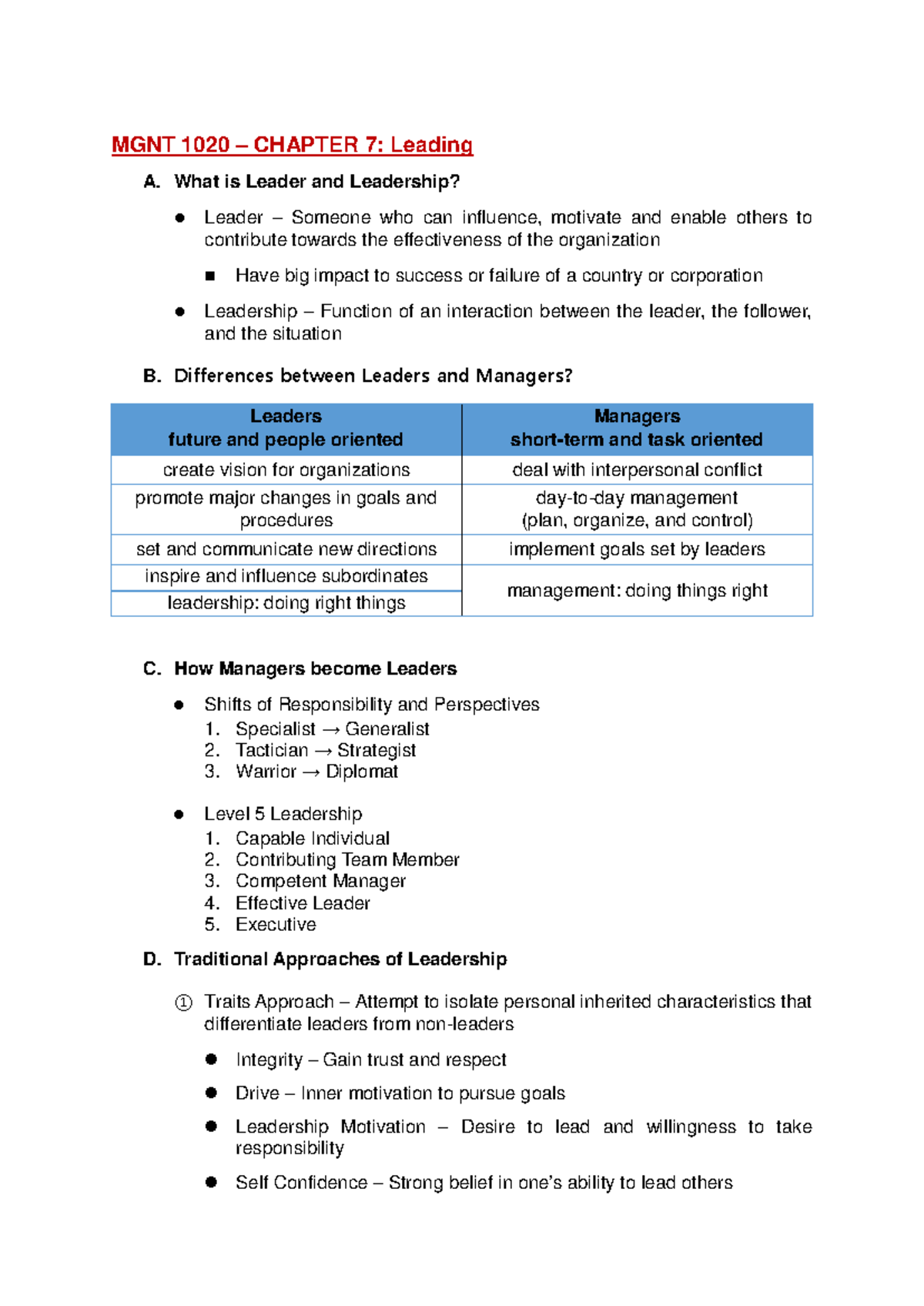 MGNT 1020: Chapter 7 - Leading Lecture Notes & Key Concepts - Studocu