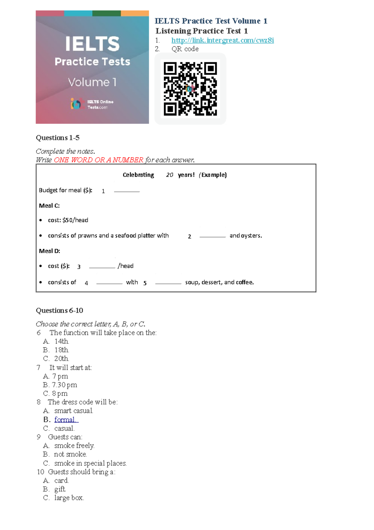 IELTS L Listening Practice Test 1 - Volume 1 Overview - Studocu