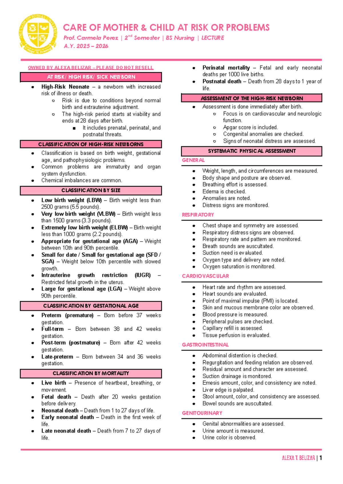 NCMA219 - Care of High-Risk Newborns: Lecture Notes for Midterms - Studocu