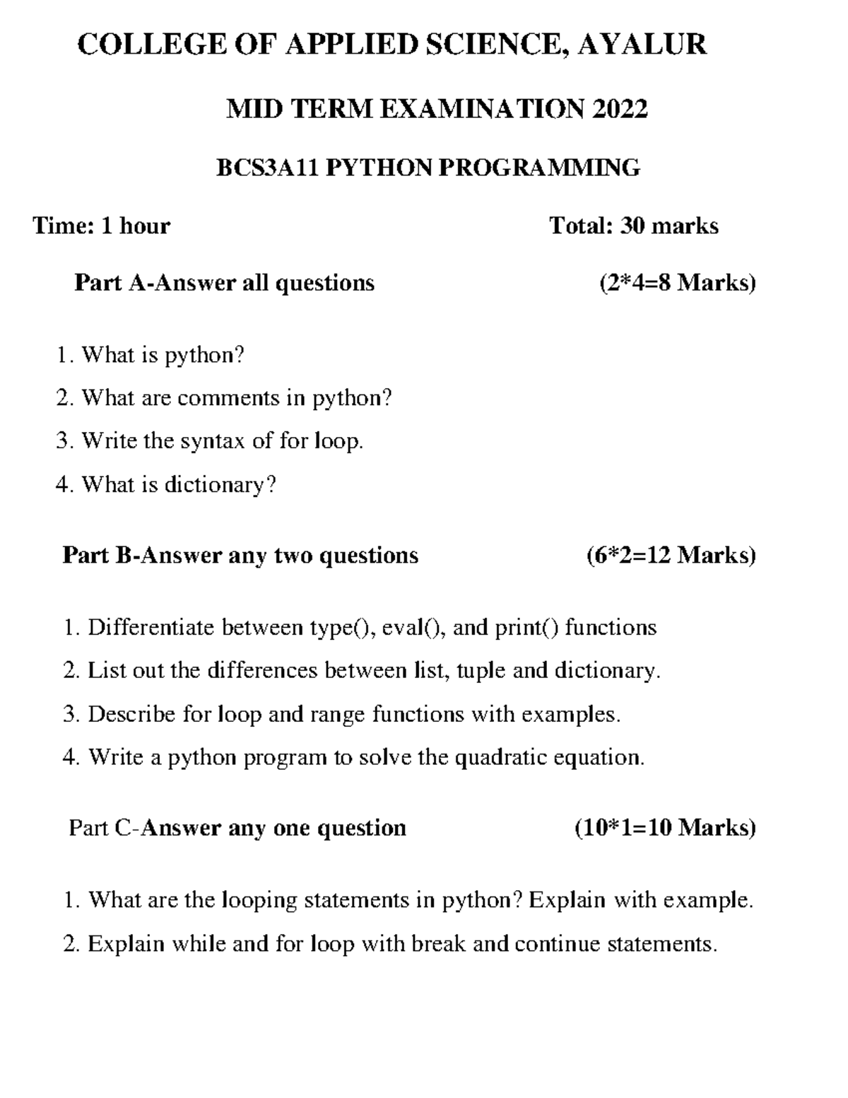 Python qp cs2 - Question paper - COLLEGE OF APPLIED SCIENCE, AYALUR MID ...