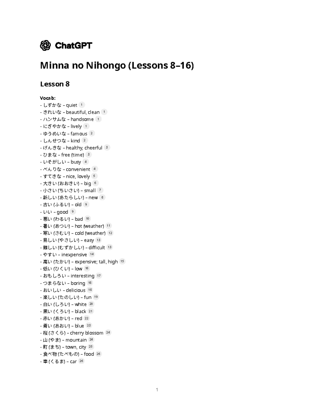 Minna no Nihongo (Lessons 8-16) Vocabulary & Grammar Notes - Studocu