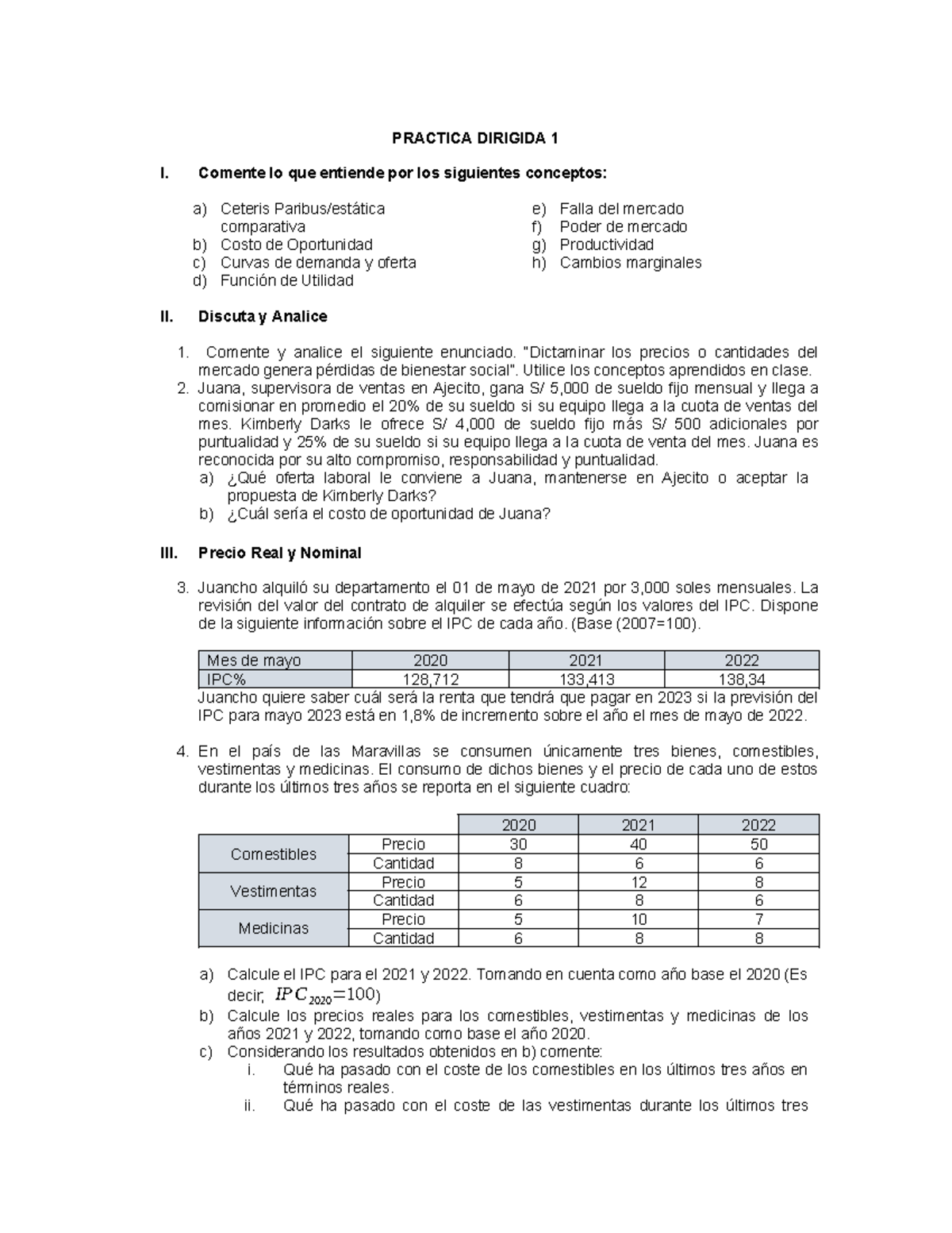 Práctica Dirigida 1: Análisis de Conceptos Económicos y Costo de ...