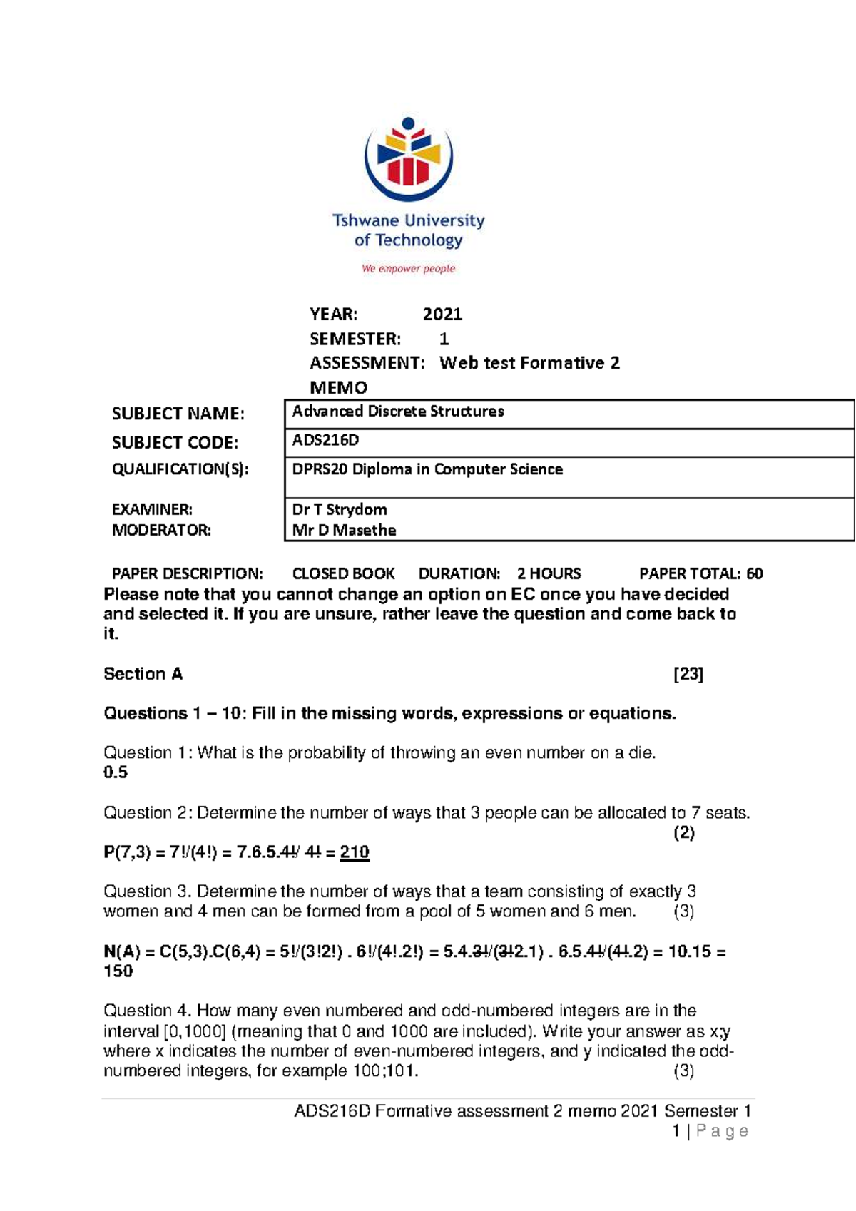 ADS216D Formative Assessment 2 Memo - Advanced Discrete Structures ...