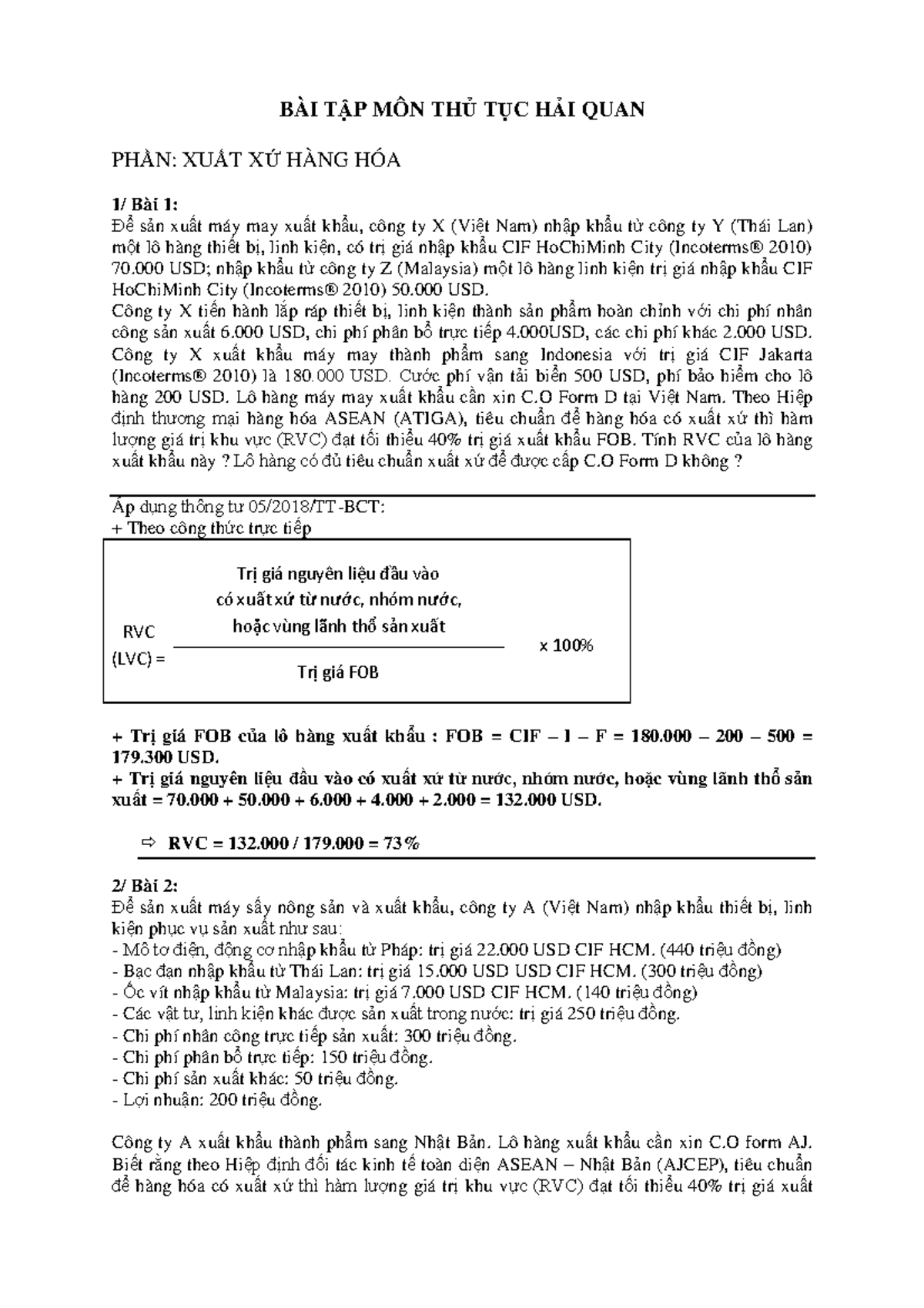 Bài Tập TTHQ: Xuất Xứ Hàng Hóa - Tính Toán RVC và Các Quy Định - Studocu
