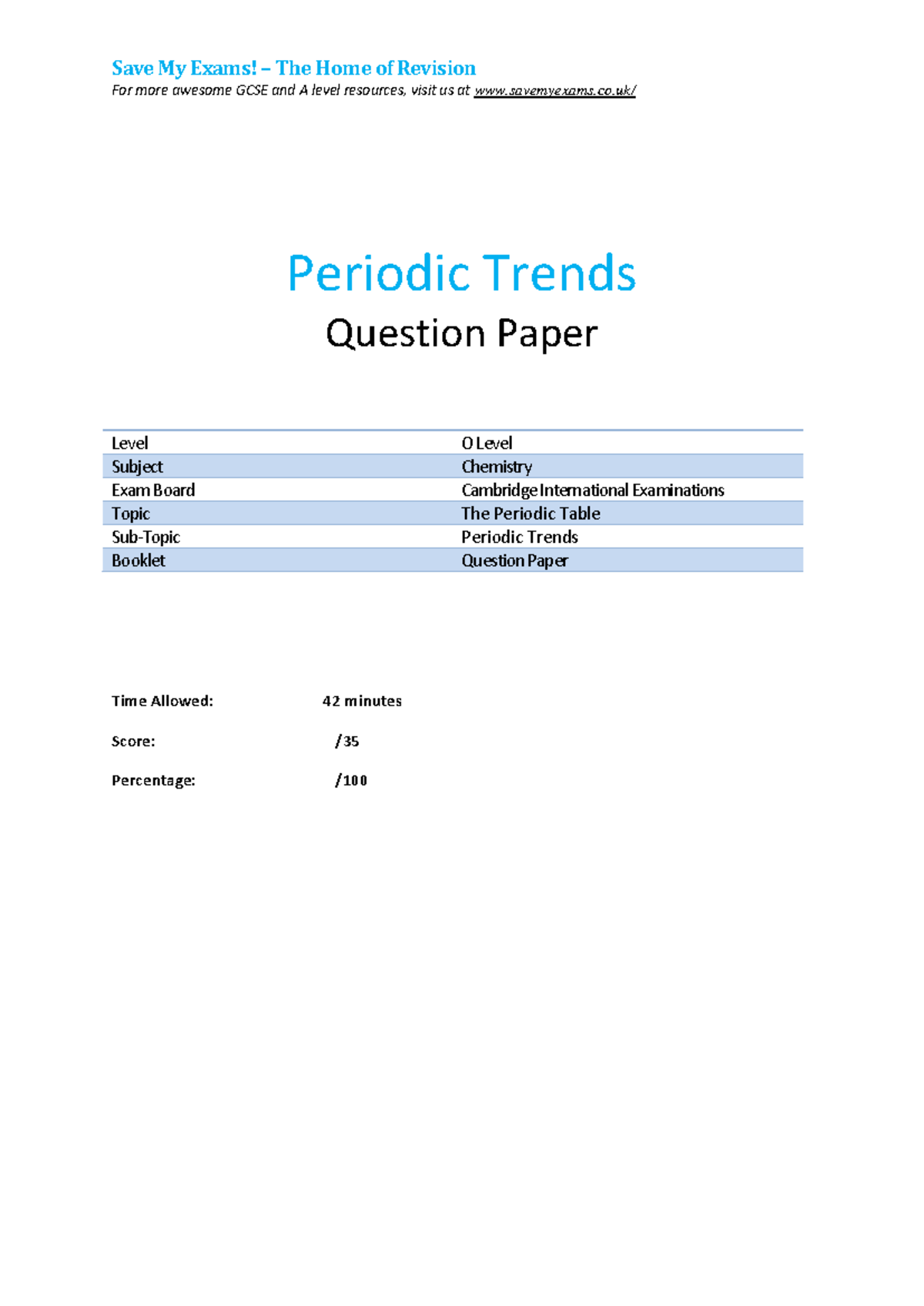 Periodic Table MCQs - O Level Chemistry Question Paper - Studocu