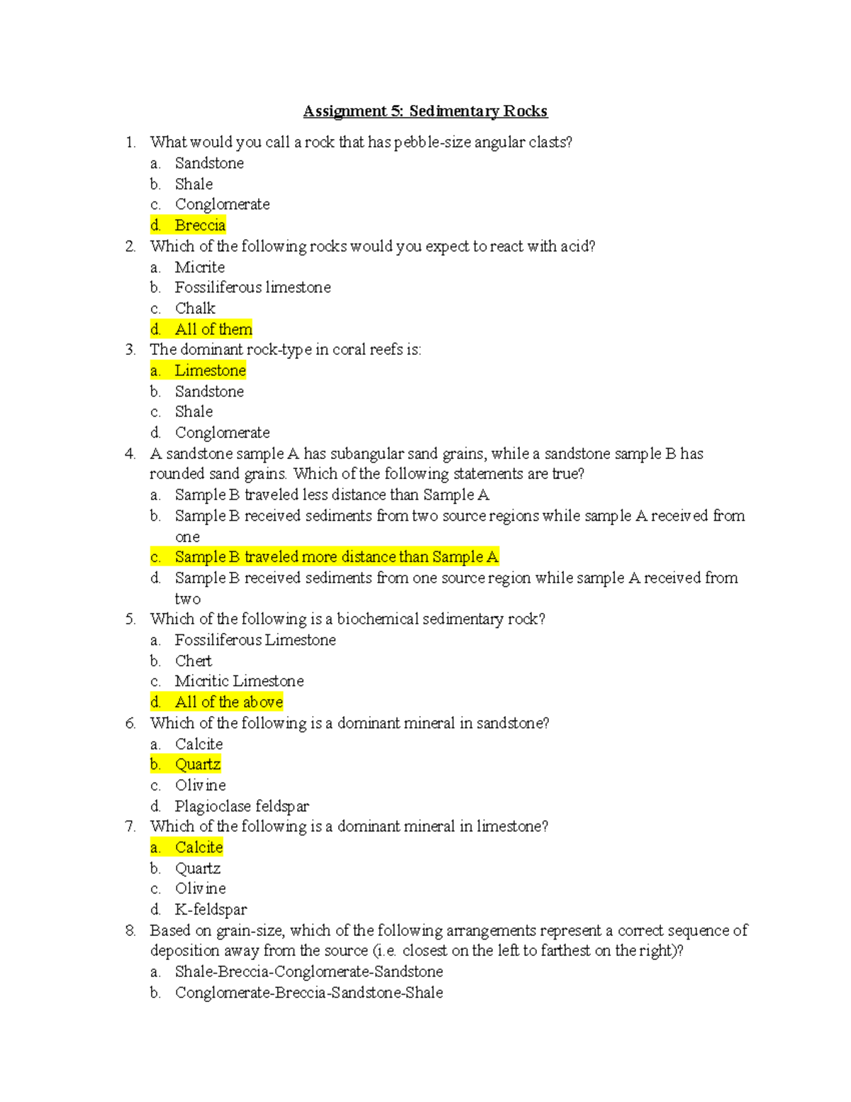 Sedimentary Rocks Assignment 5: Key Concepts and Quiz Questions - Studocu