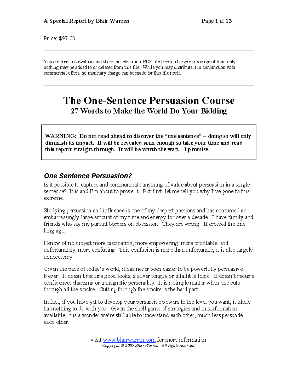 One Sentence Persuasion Course: Insights from Blair Warren's Report ...