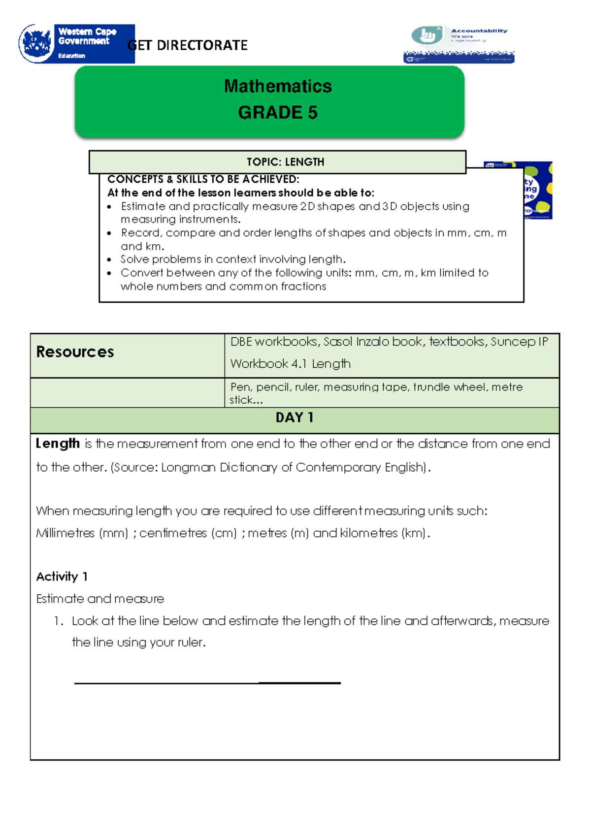 Grade 5 Length Measurement Lesson Plan: Activities & Concepts - Studocu