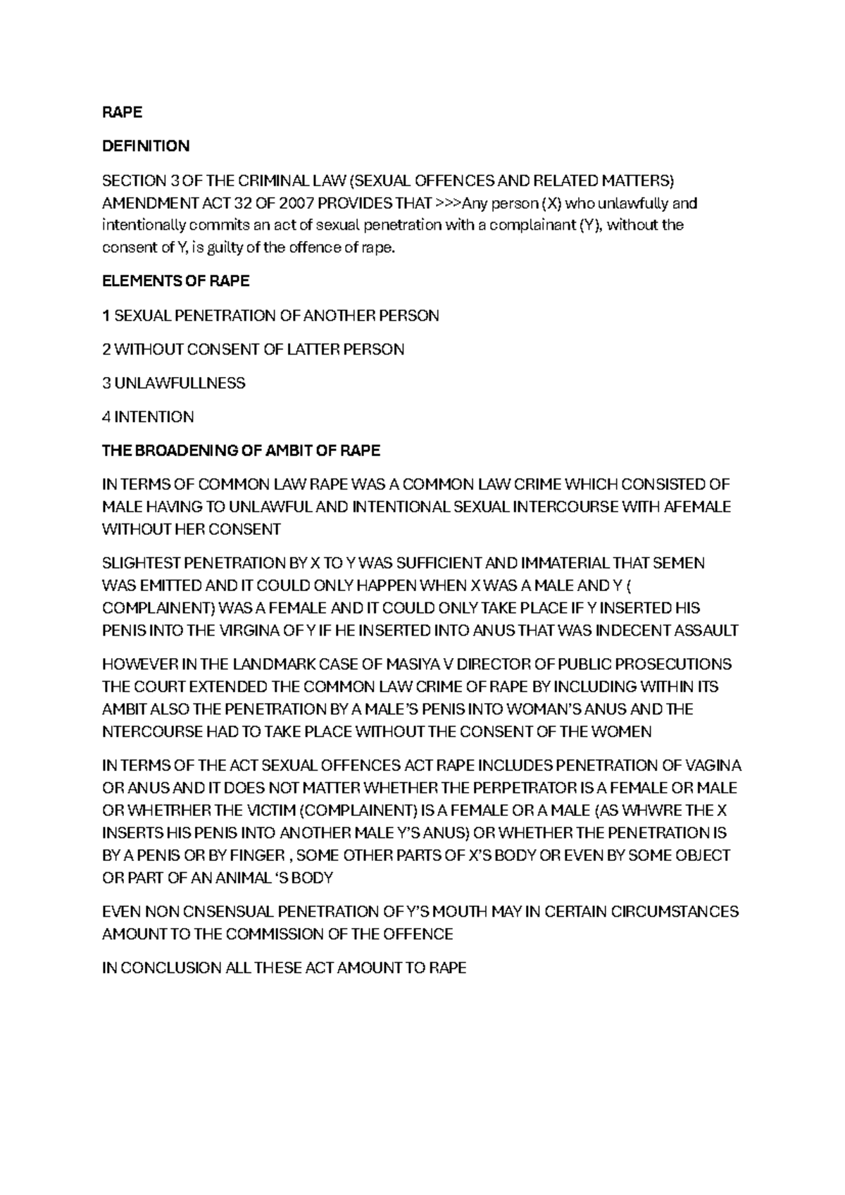 RAPE SUMMARY: CRIMINAL LAW (SEXUAL OFFENCES) ACT 32 OF 2007 - Studocu